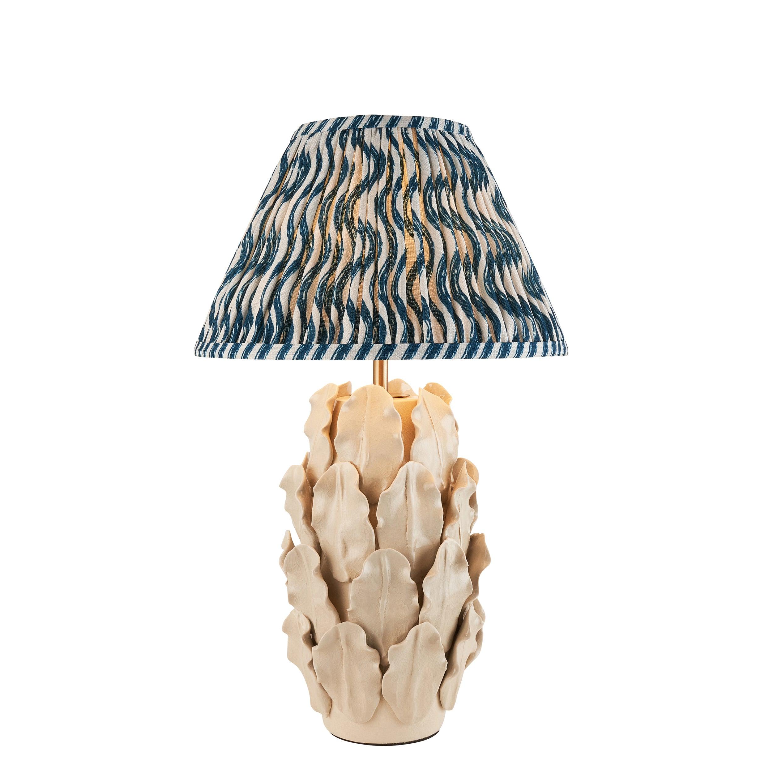 Layered Leaf Ivory Ceramic Table Lamp & Ripple 30cm Marlin Blue Shade