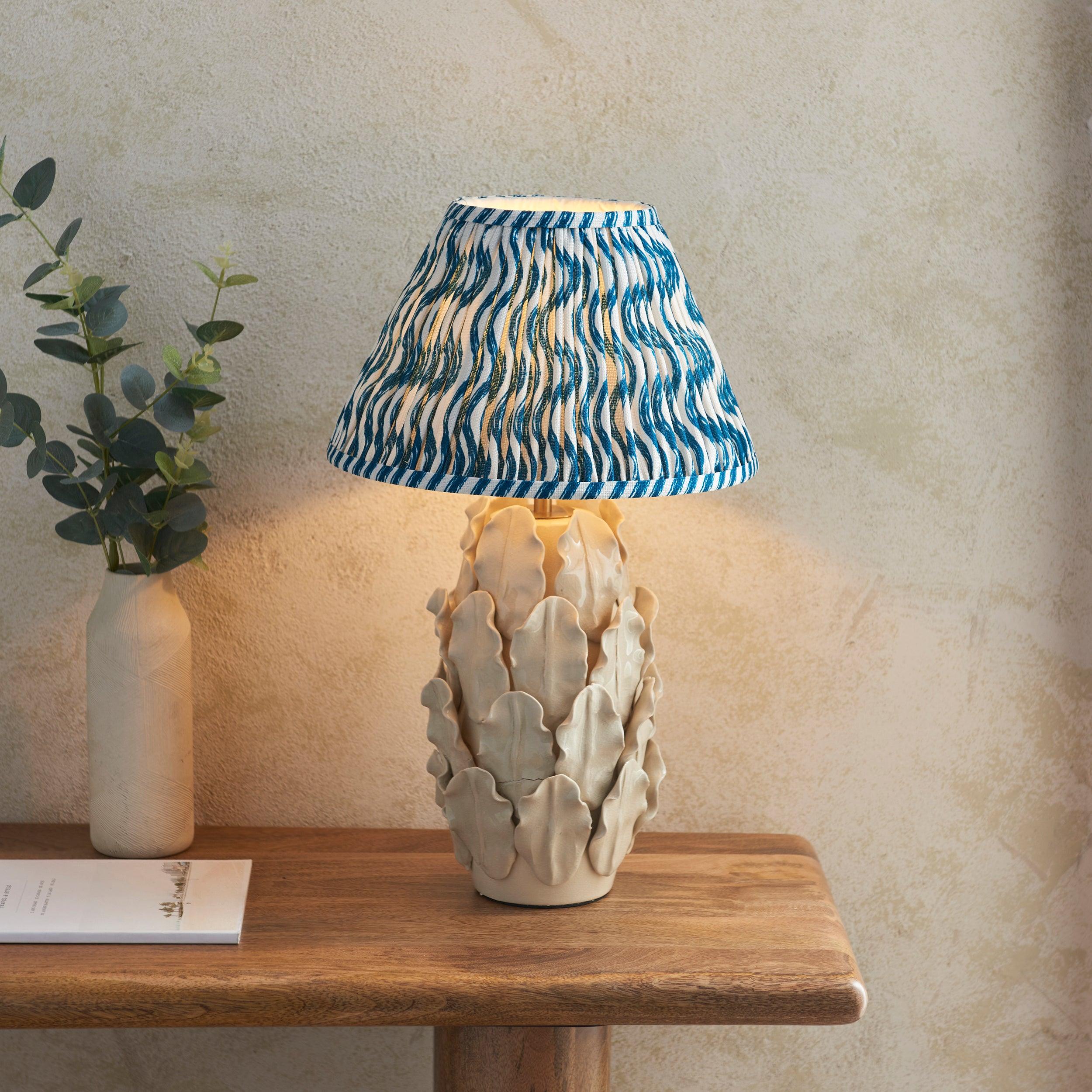 Layered Leaf Ivory Ceramic Table Lamp & Ripple 30cm Marlin Blue Shade