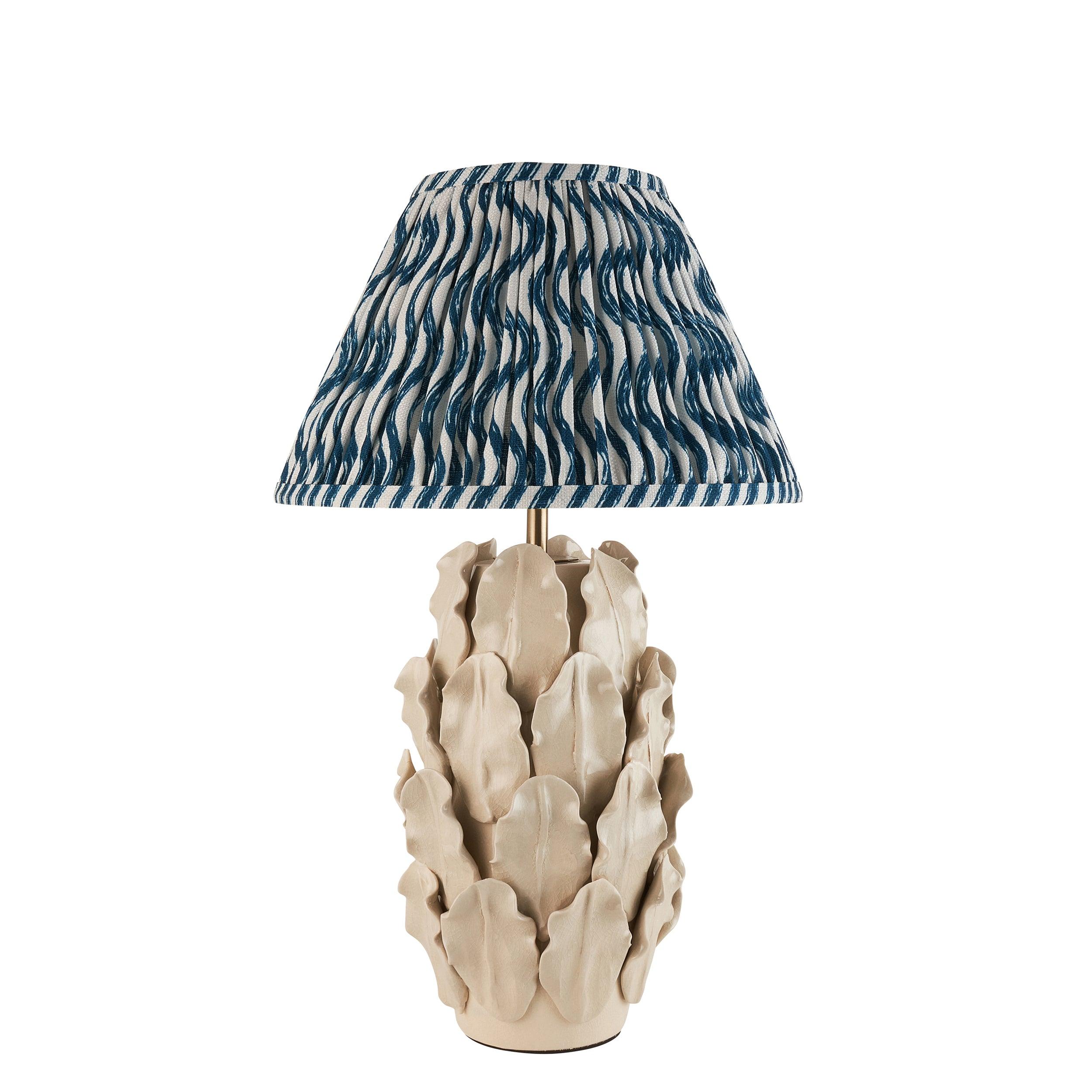 Layered Leaf Ivory Ceramic Table Lamp & Ripple 30cm Marlin Blue Shade