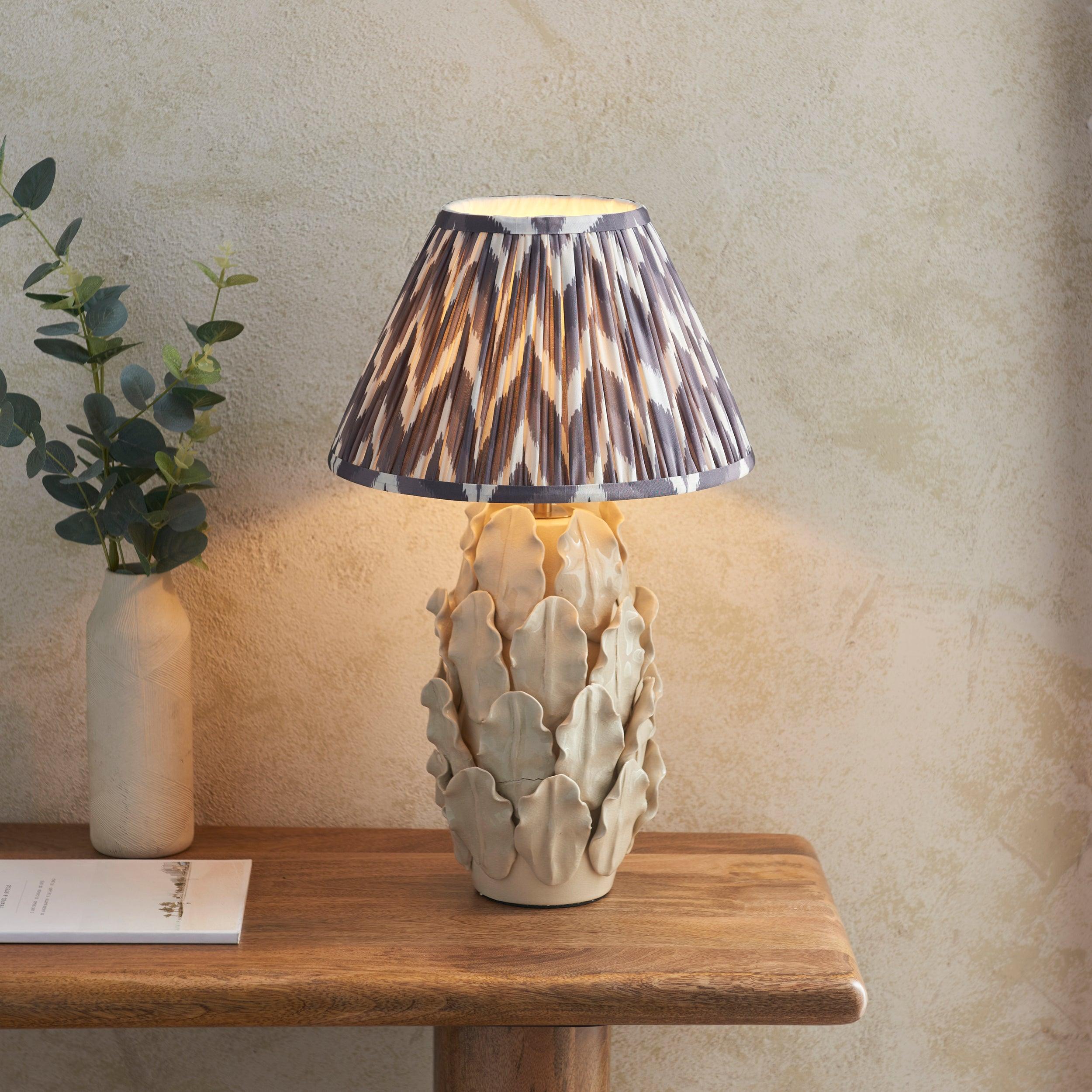 Layered Leaf Ivory Ceramic Table Lamp & Zigzag 30cm Pearl Grey Shade