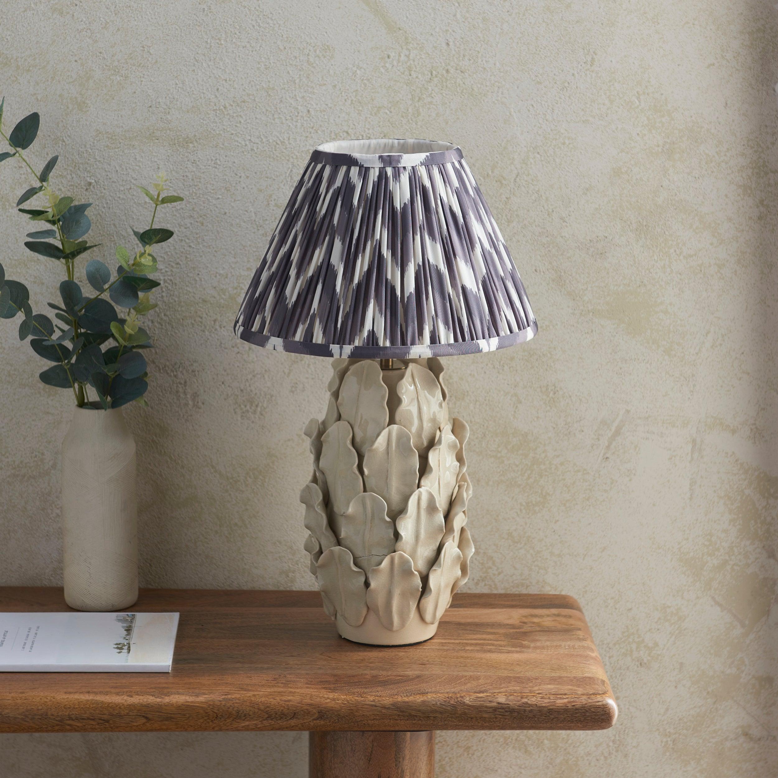 Layered Leaf Ivory Ceramic Table Lamp & Zigzag 30cm Pearl Grey Shade