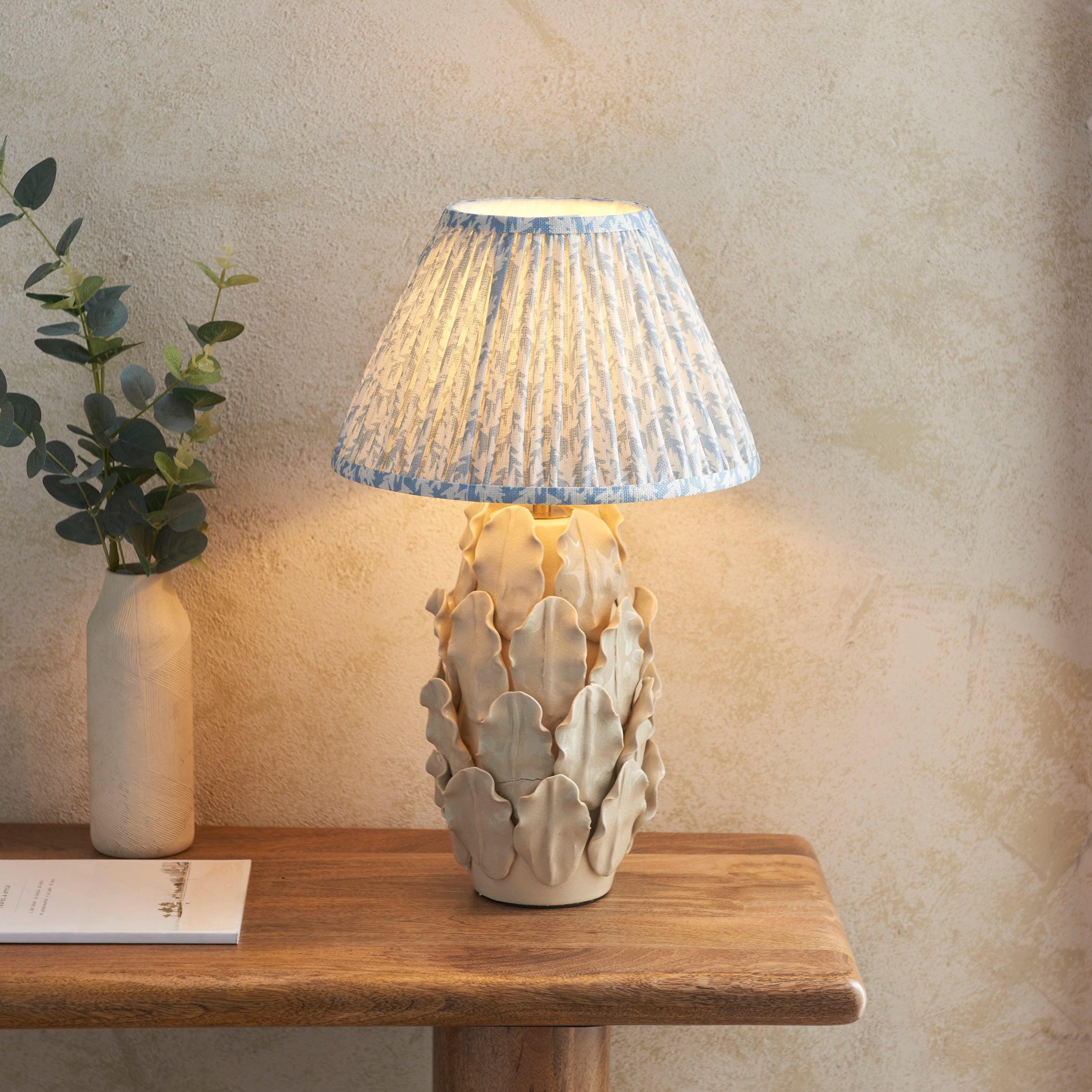 Layered Leaf Ivory Ceramic Table Lamp & Leaf 30cm Shell Bay Blue Shade