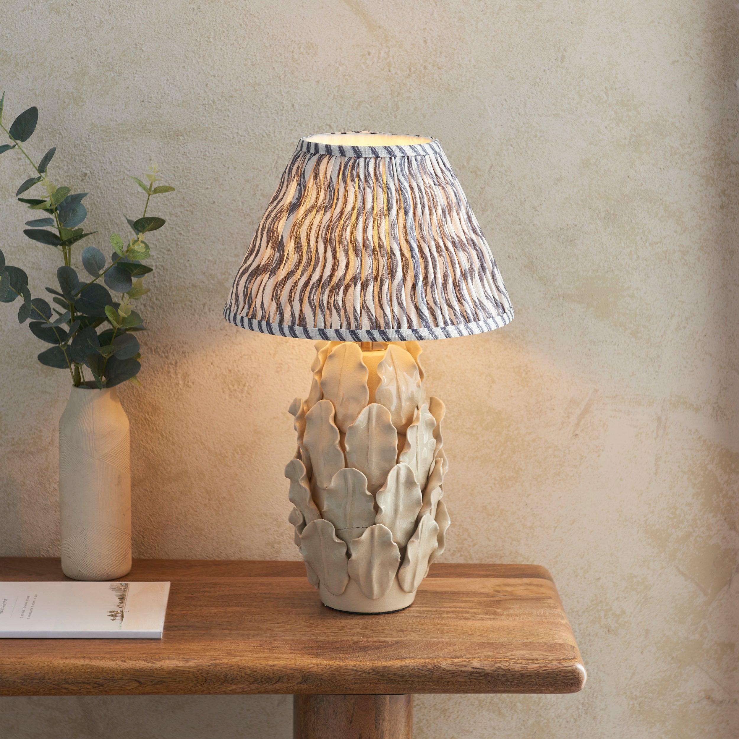 Layered Leaf Ivory Ceramic Table Lamp & Ripple 30cm Pearl Grey Shade