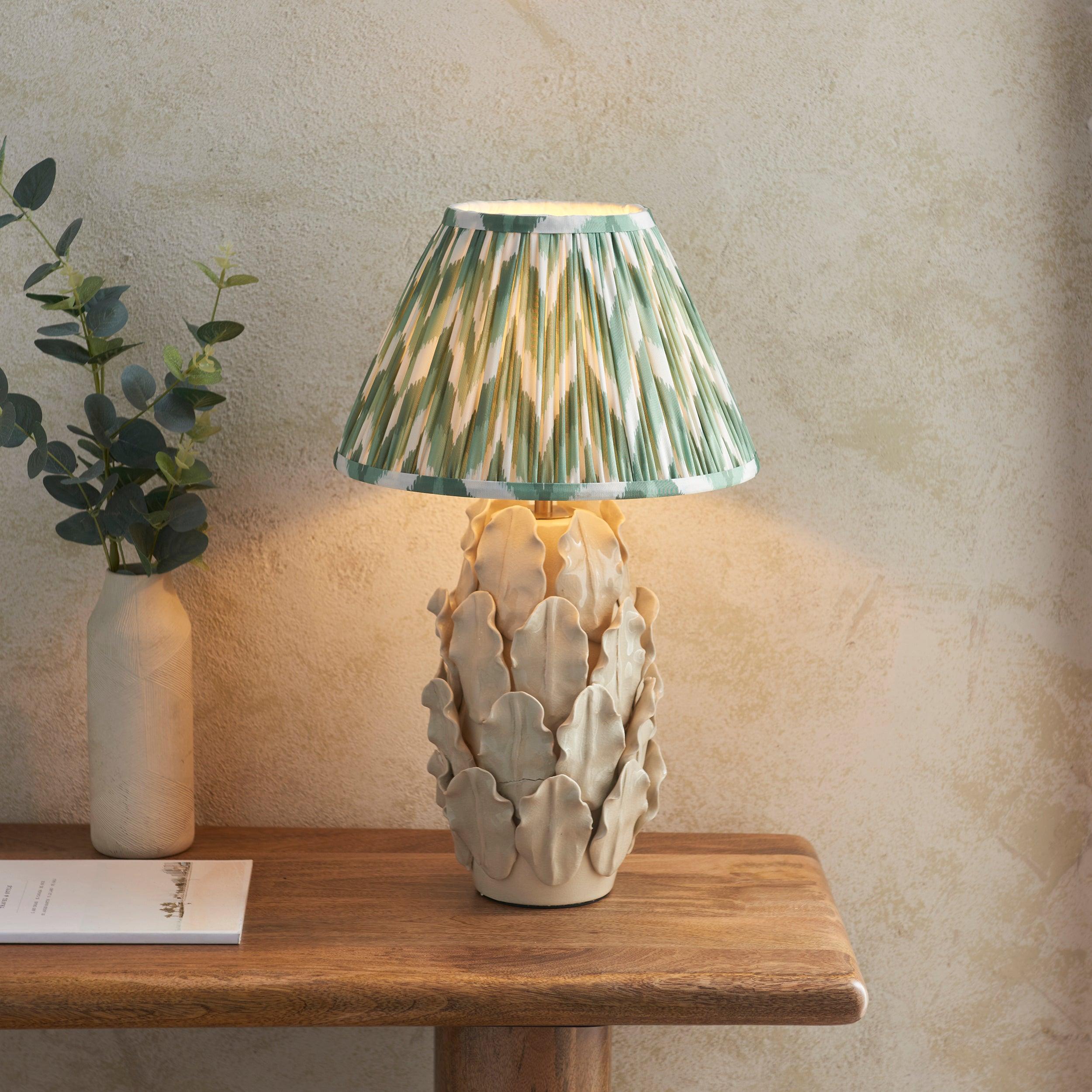 Layered Leaf Ivory Ceramic Table Lamp & Zigzag 30cm Cotswold Green Shade