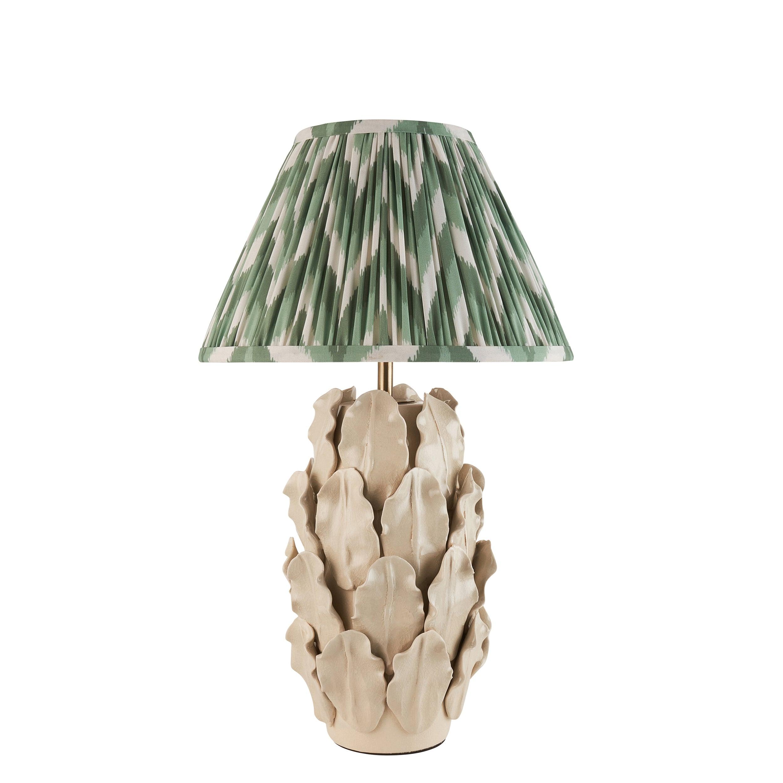Layered Leaf Ivory Ceramic Table Lamp & Zigzag 30cm Cotswold Green Shade