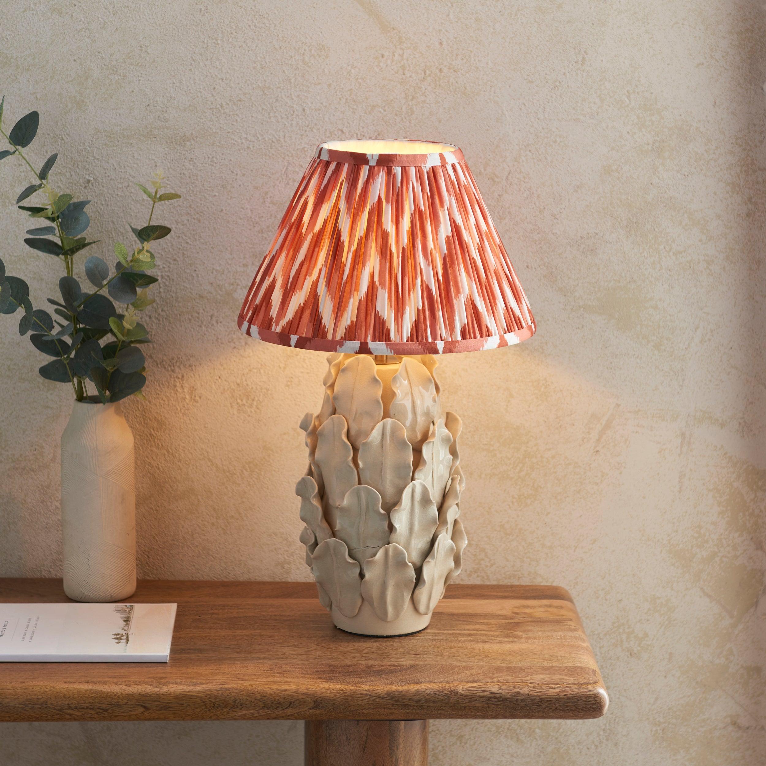 Layered Leaf Ivory Ceramic Table Lamp & Zigzag 30cm Apricot Orange Shade