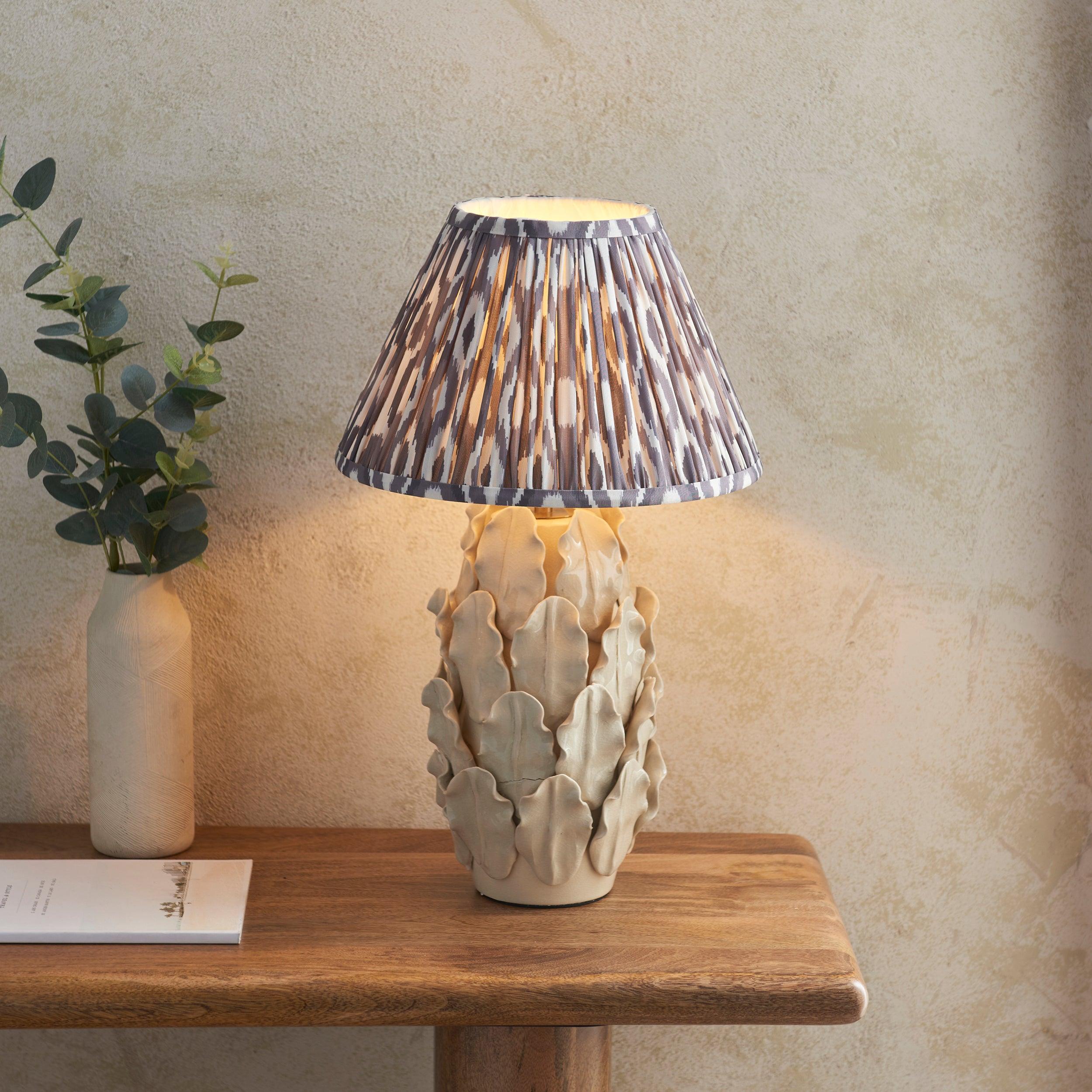 Layered Leaf Ivory Ceramic Table Lamp & Ikat 30cm Pearl Grey Shade