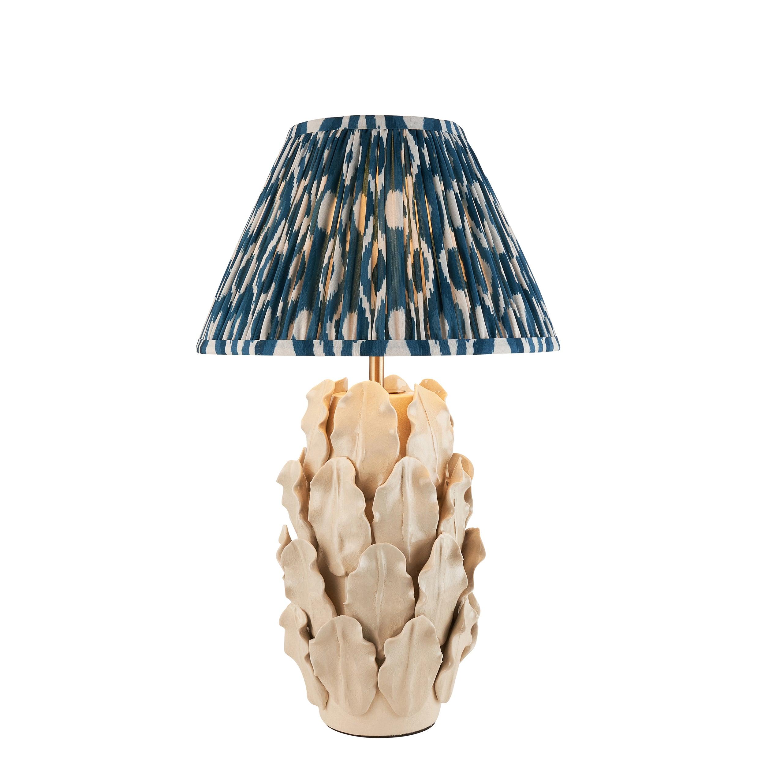 Layered Leaf Ivory Ceramic Table Lamp & Ikat 30cm Marlin Blue Shade