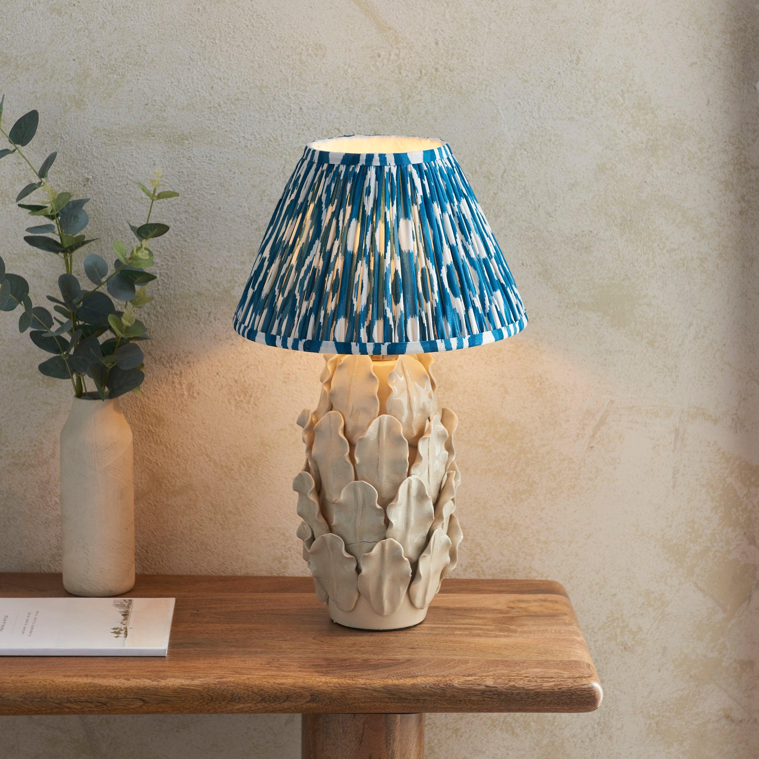 Layered Leaf Ivory Ceramic Table Lamp & Ikat 30cm Marlin Blue Shade