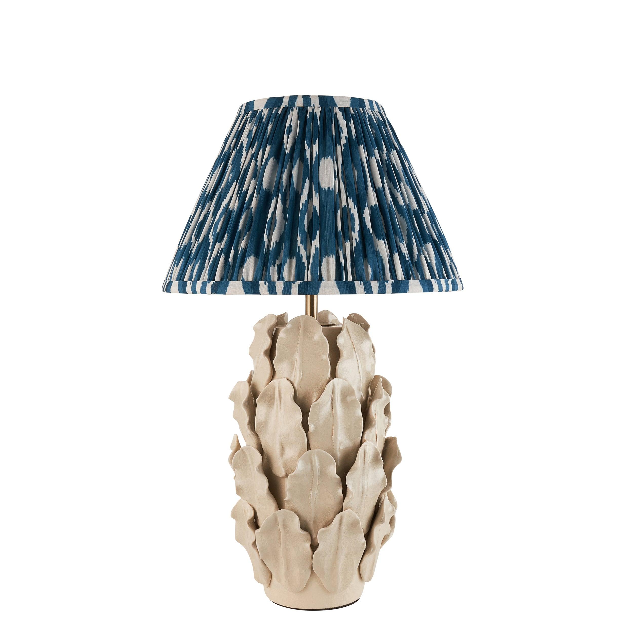 Layered Leaf Ivory Ceramic Table Lamp & Ikat 30cm Marlin Blue Shade