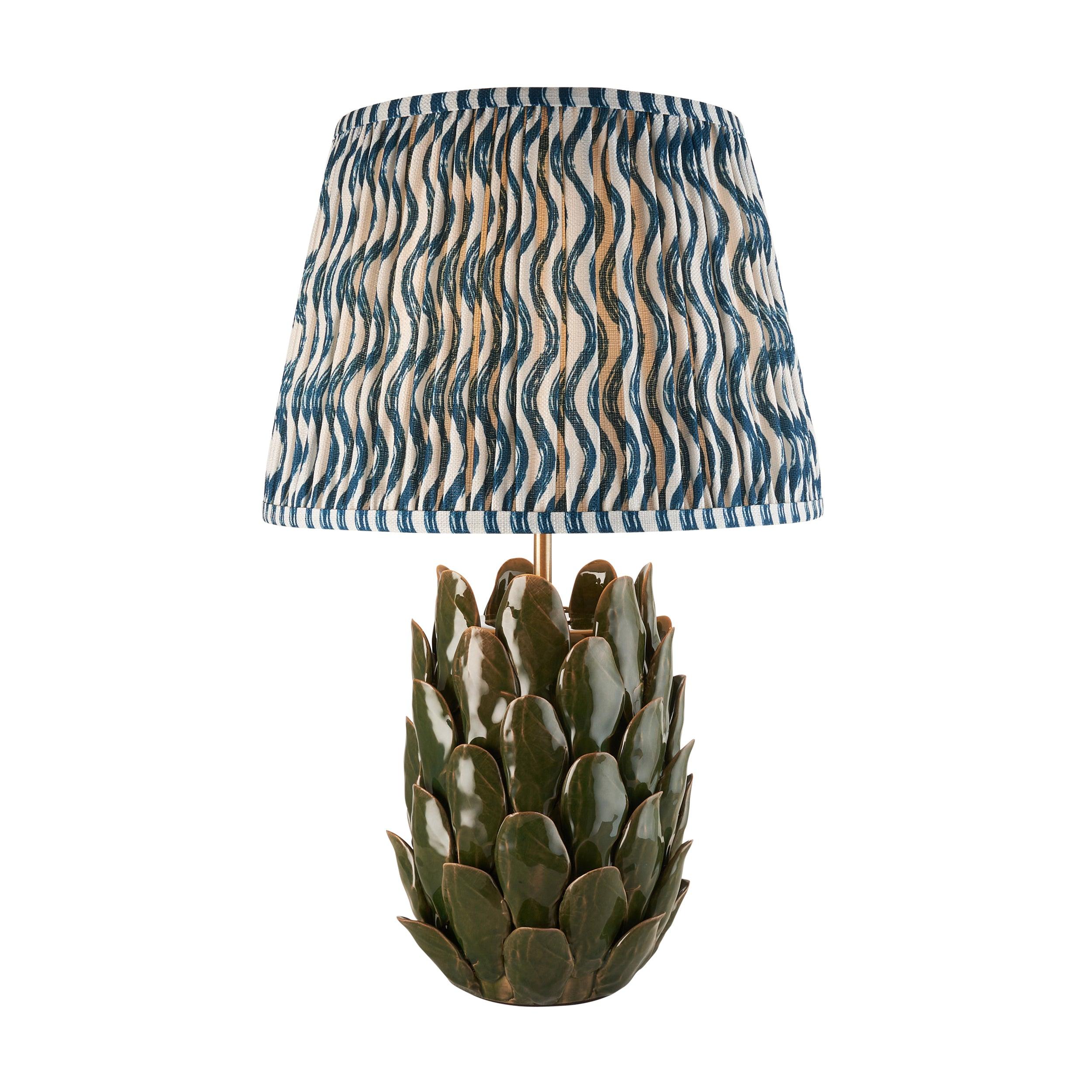 Layered Leaf Green Ceramic Table Lamp & Ripple 35cm Marlin Blue Shade