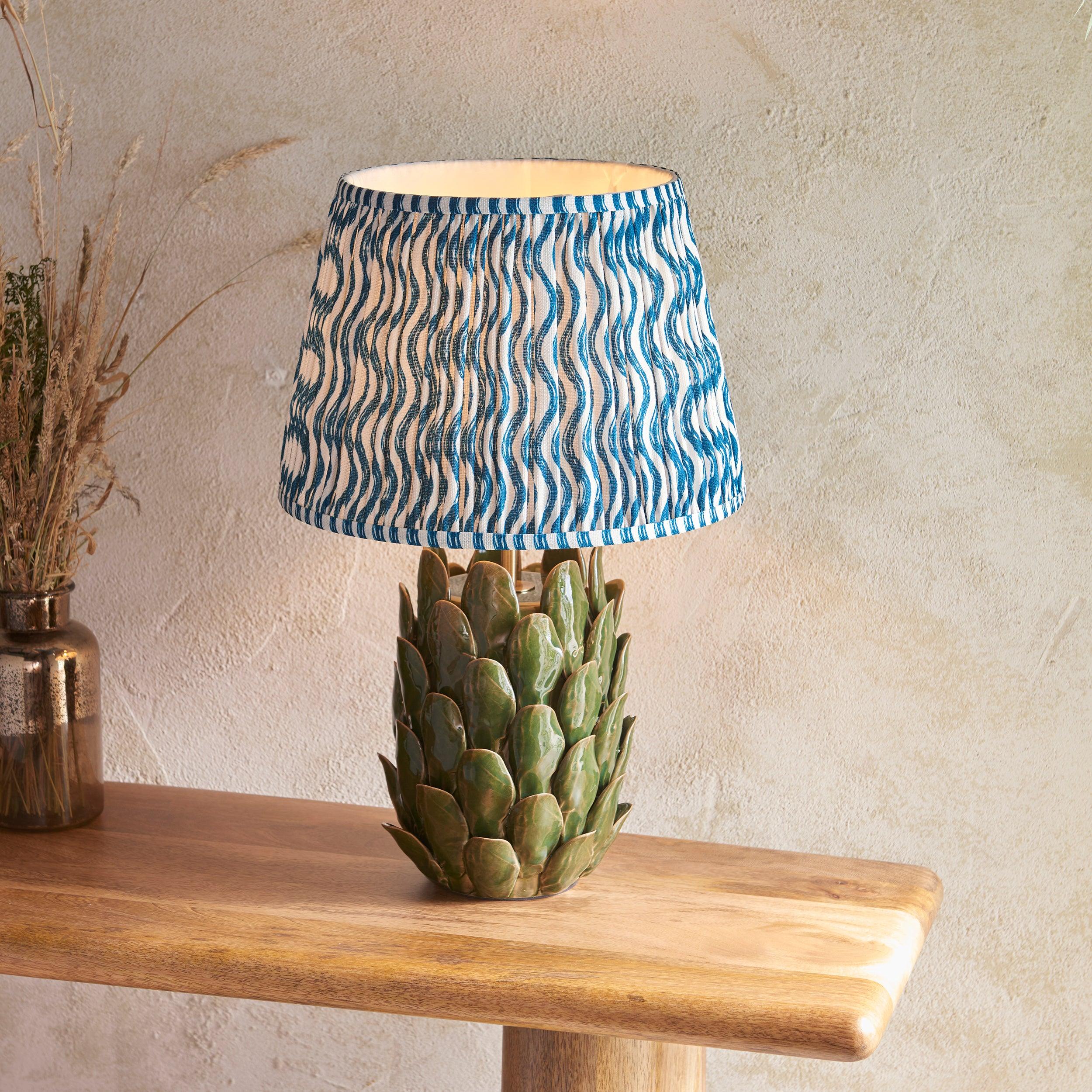 Layered Leaf Green Ceramic Table Lamp & Ripple 35cm Marlin Blue Shade