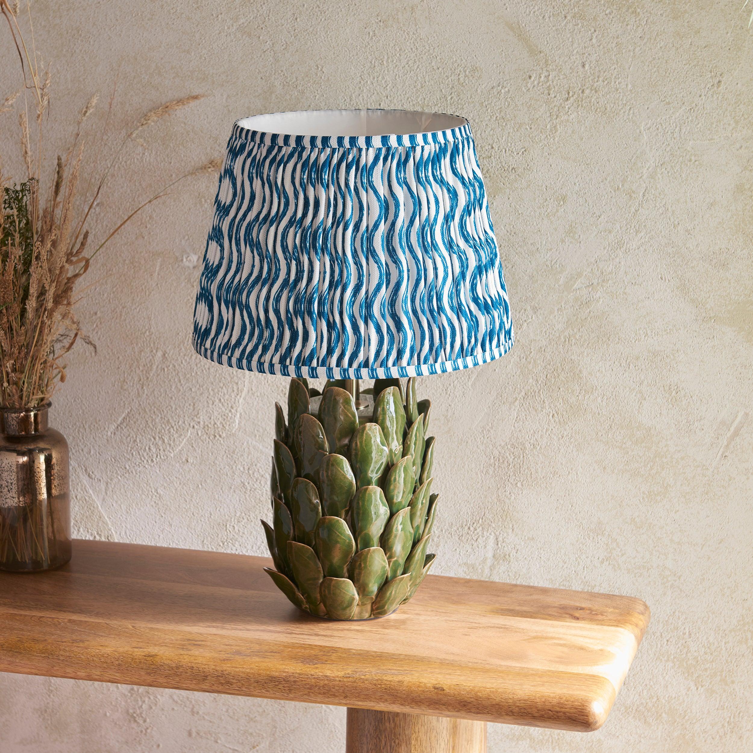 Layered Leaf Green Ceramic Table Lamp & Ripple 35cm Marlin Blue Shade