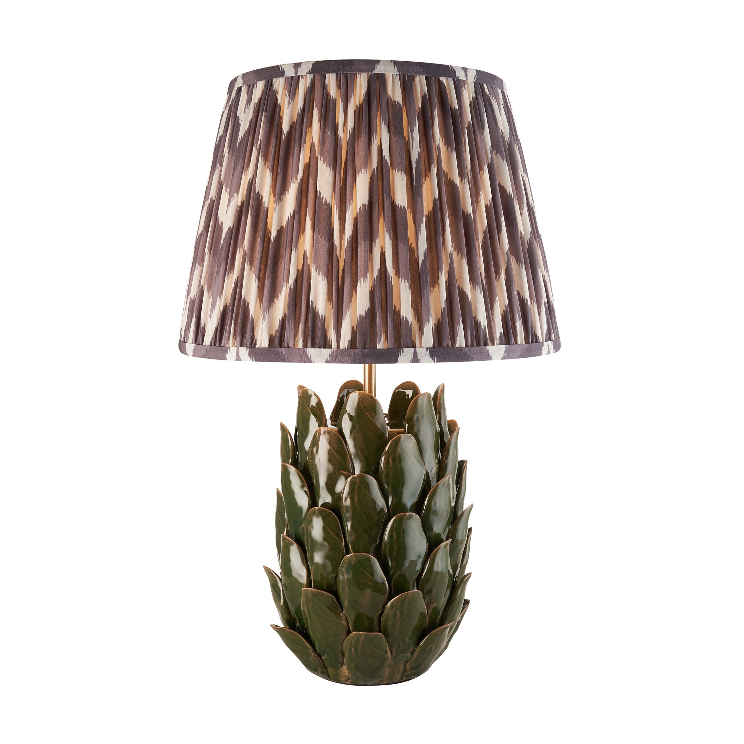 Layered Leaf Green Ceramic Table Lamp & Zigzag 35cm Pearl Grey Shade