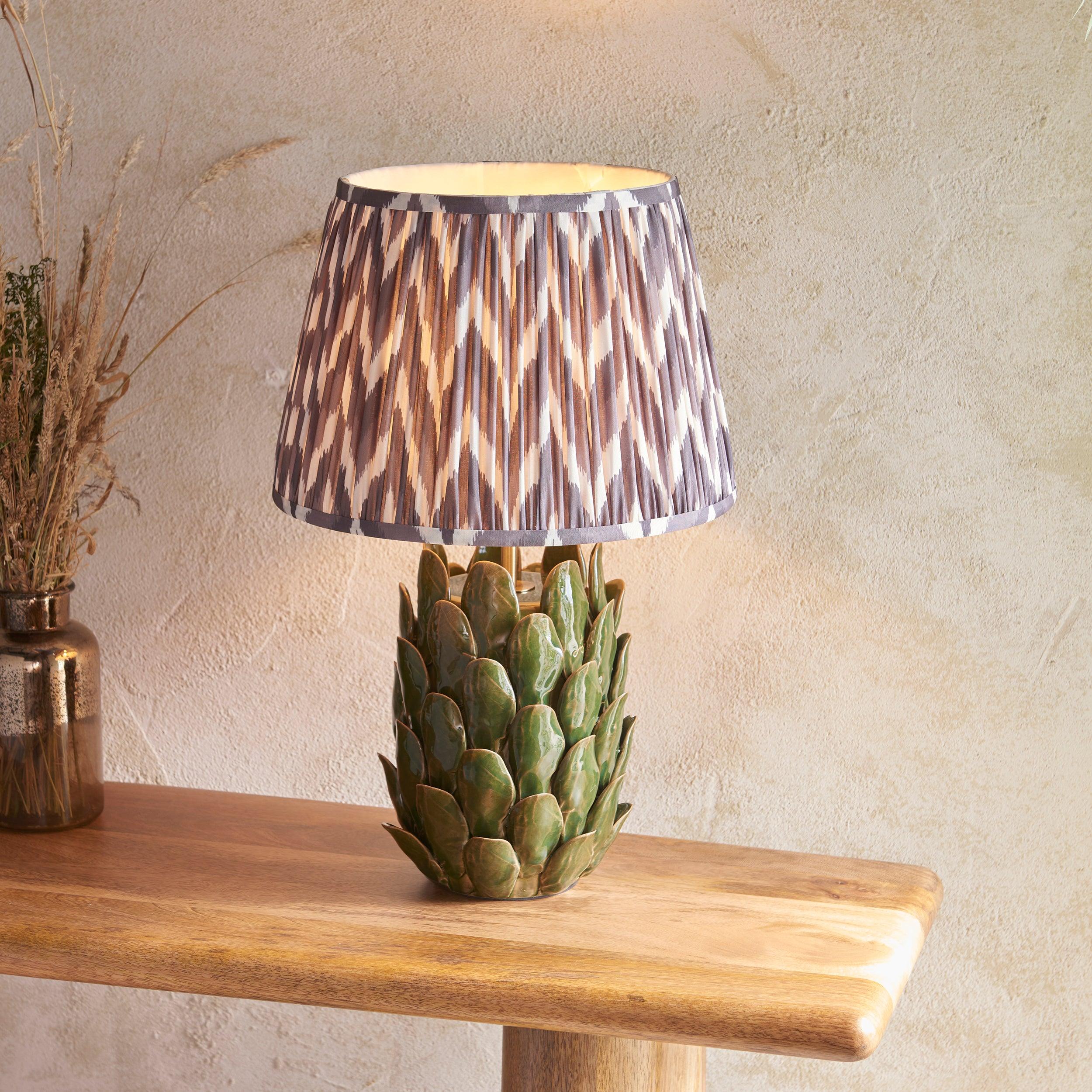 Layered Leaf Green Ceramic Table Lamp & Zigzag 35cm Pearl Grey Shade