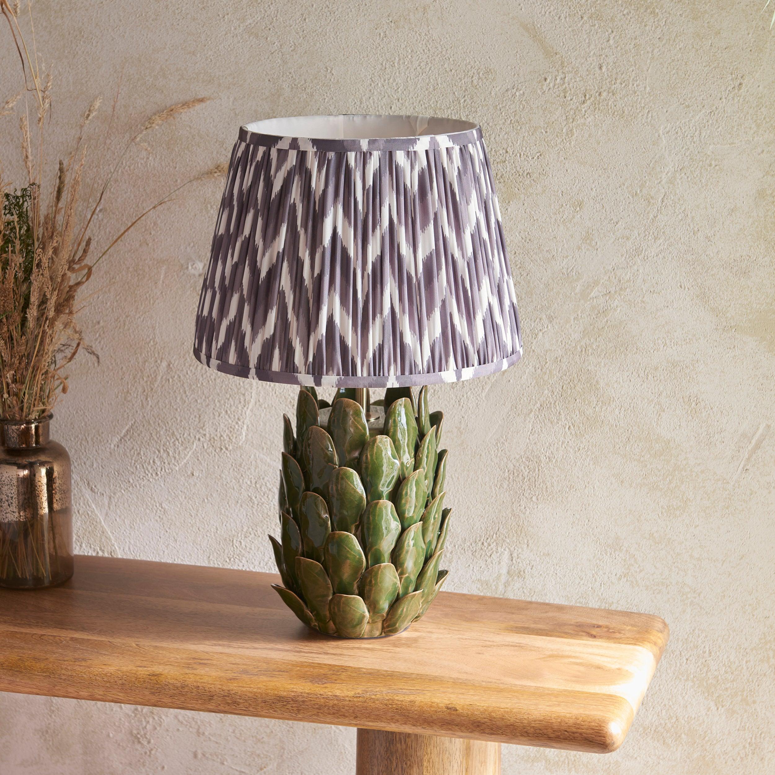 Layered Leaf Green Ceramic Table Lamp & Zigzag 35cm Pearl Grey Shade