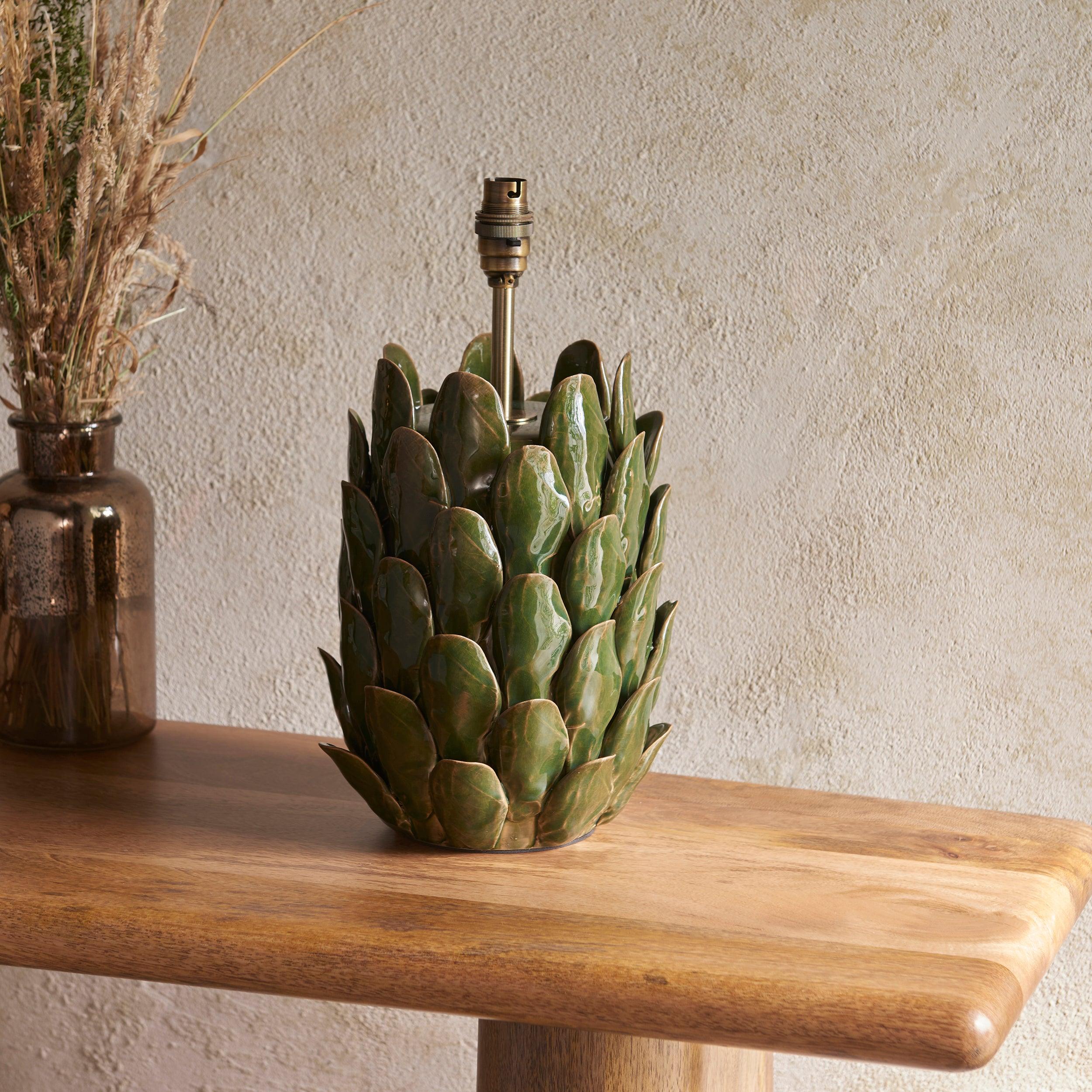 Layered Leaf Green Ceramic Table Lamp & Zigzag 35cm Pearl Grey Shade