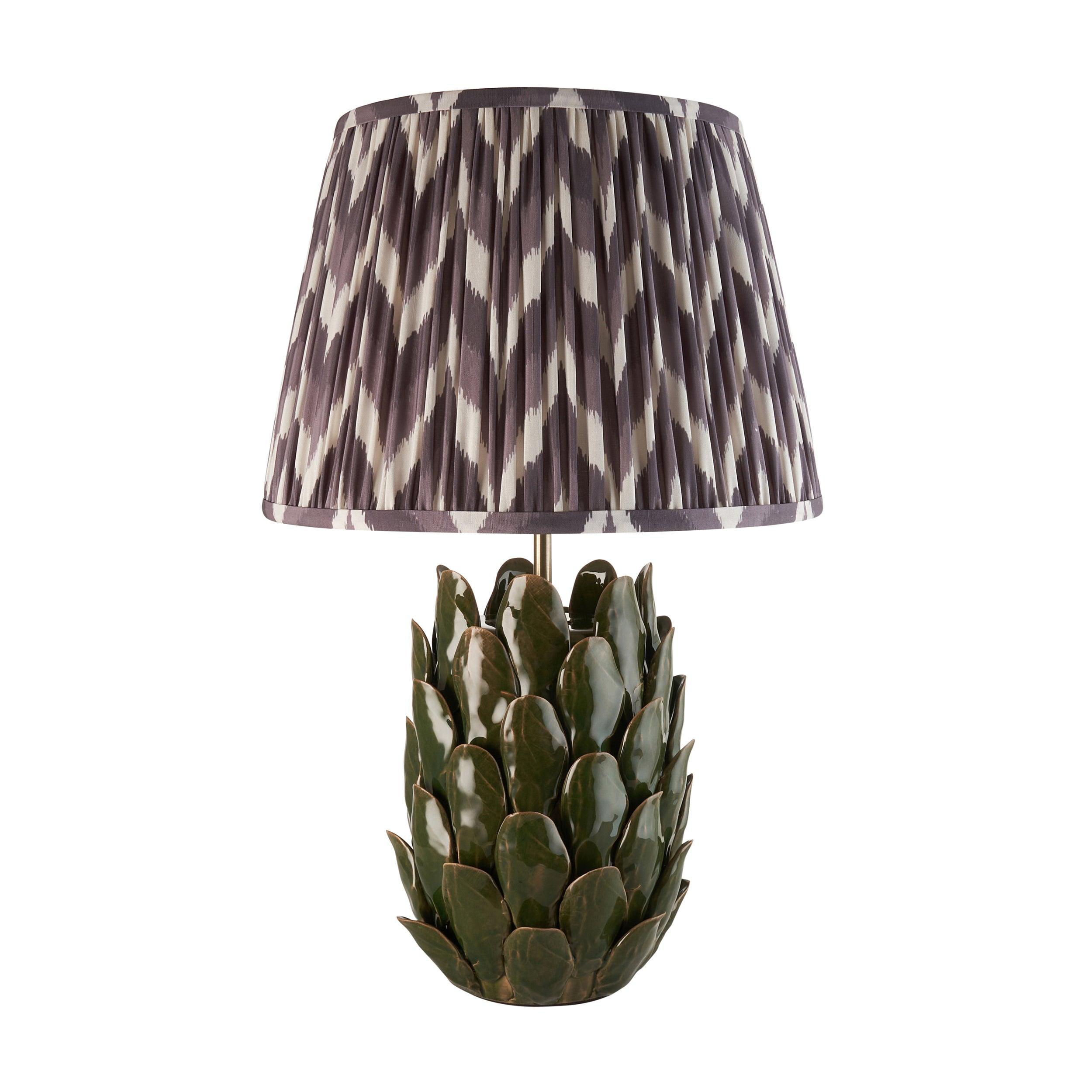 Layered Leaf Green Ceramic Table Lamp & Zigzag 35cm Pearl Grey Shade