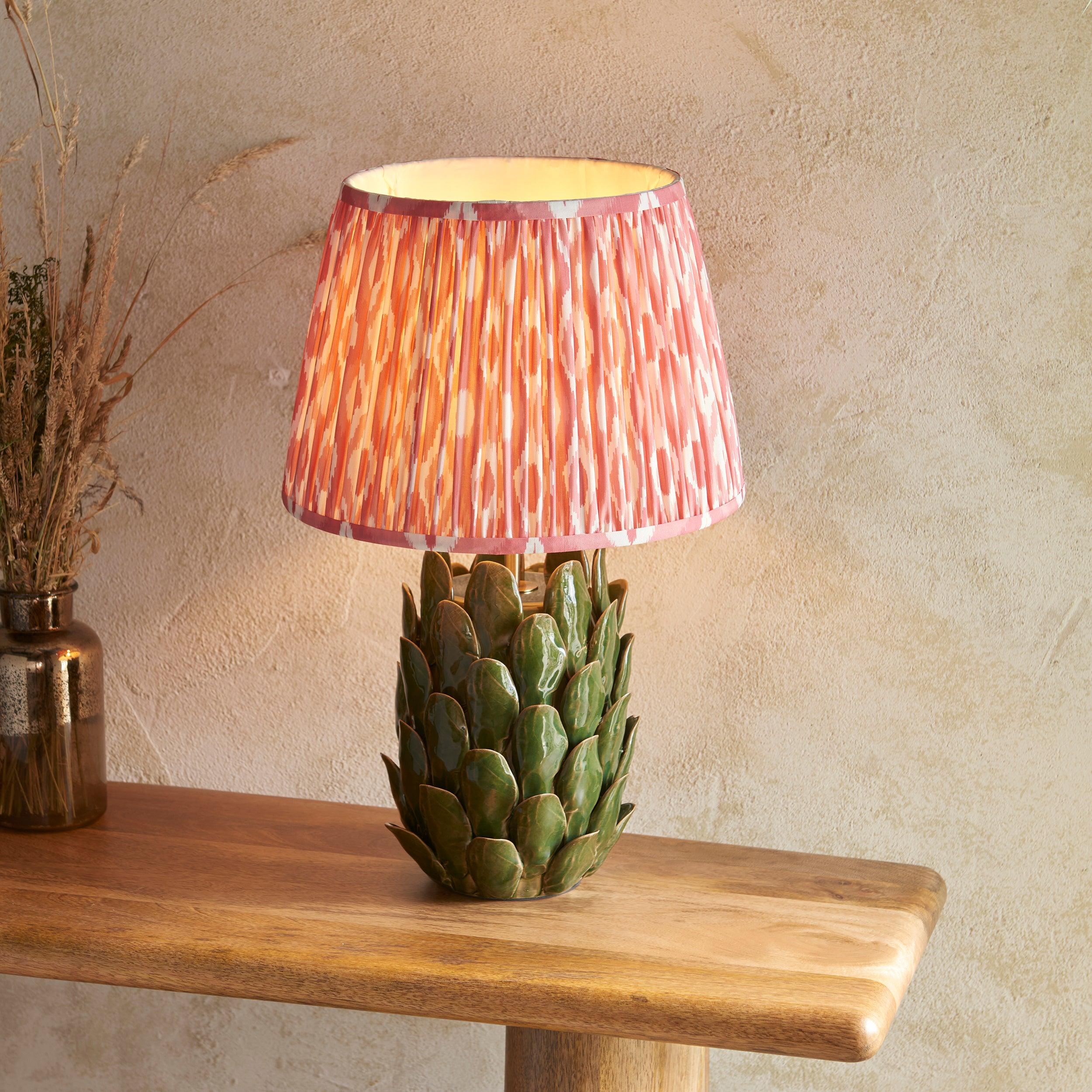 Layered Leaf Green Ceramic Table Lamp & Ikat 35cm Coral Pink Shade