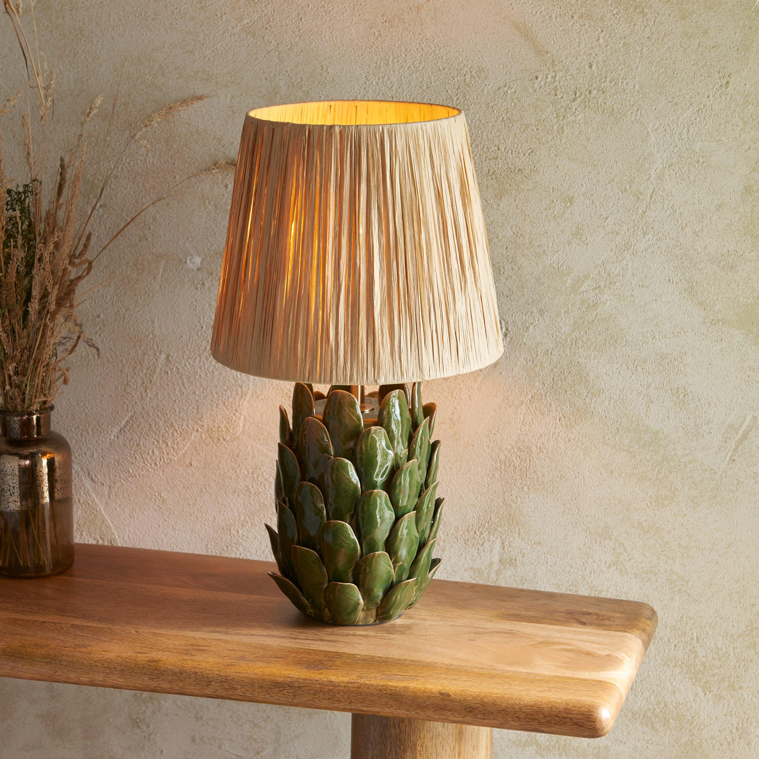 Layered Leaf Green Ceramic Table Lamp & Raffia 32cm Natural Raffia Shade