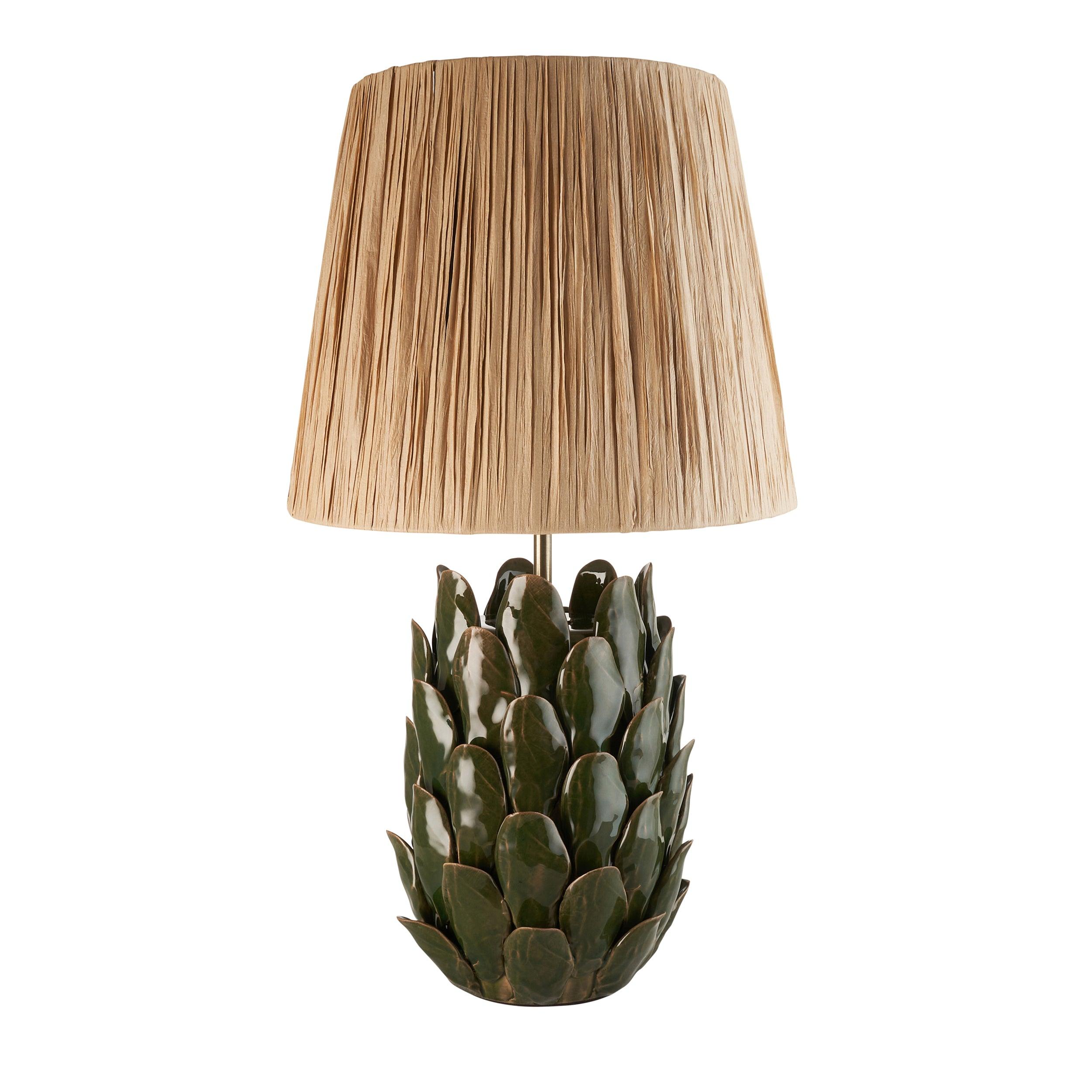 Layered Leaf Green Ceramic Table Lamp & Raffia 32cm Natural Raffia Shade