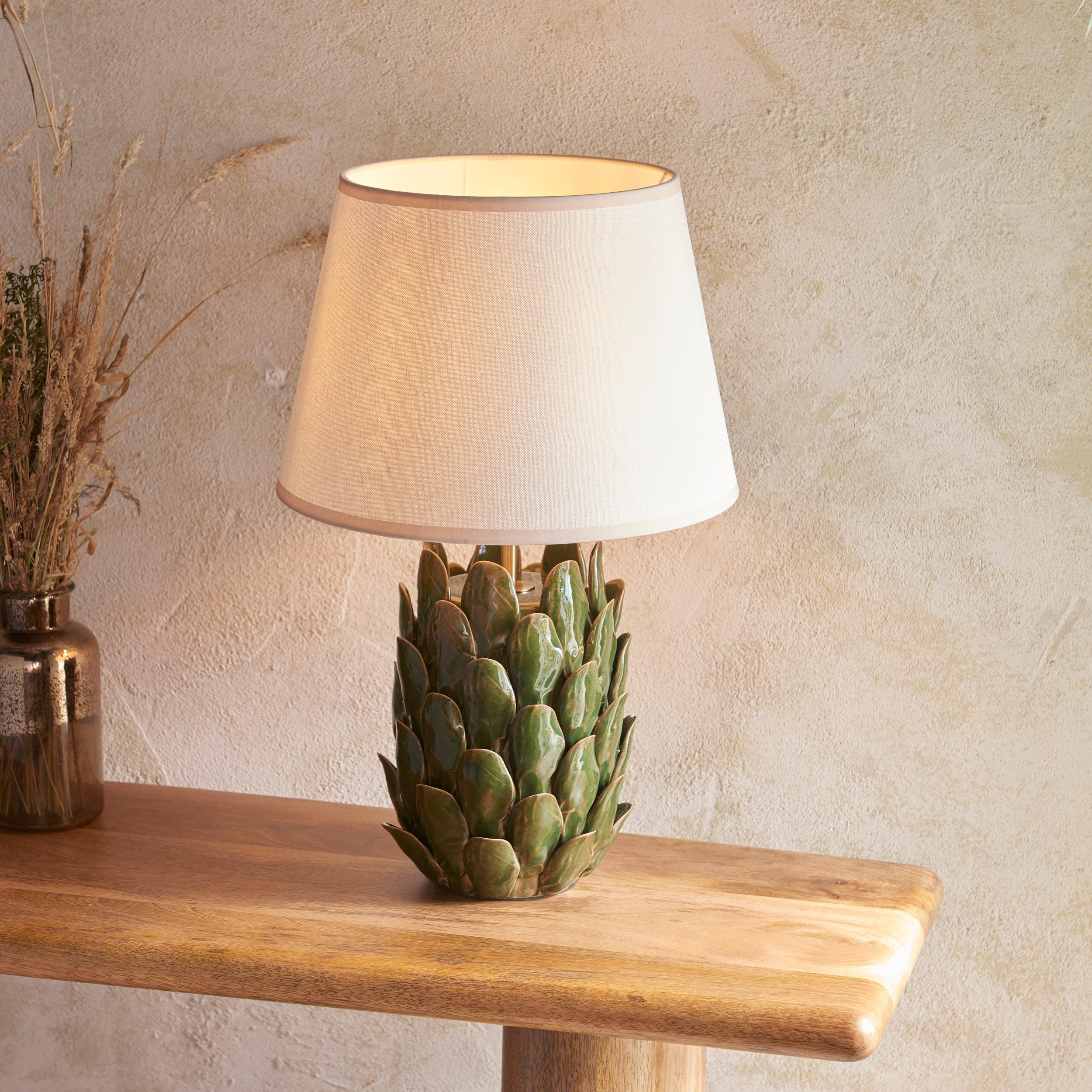 Layered Leaf Green Ceramic Table Lamp & Ivy 35cm Vintage White Shade