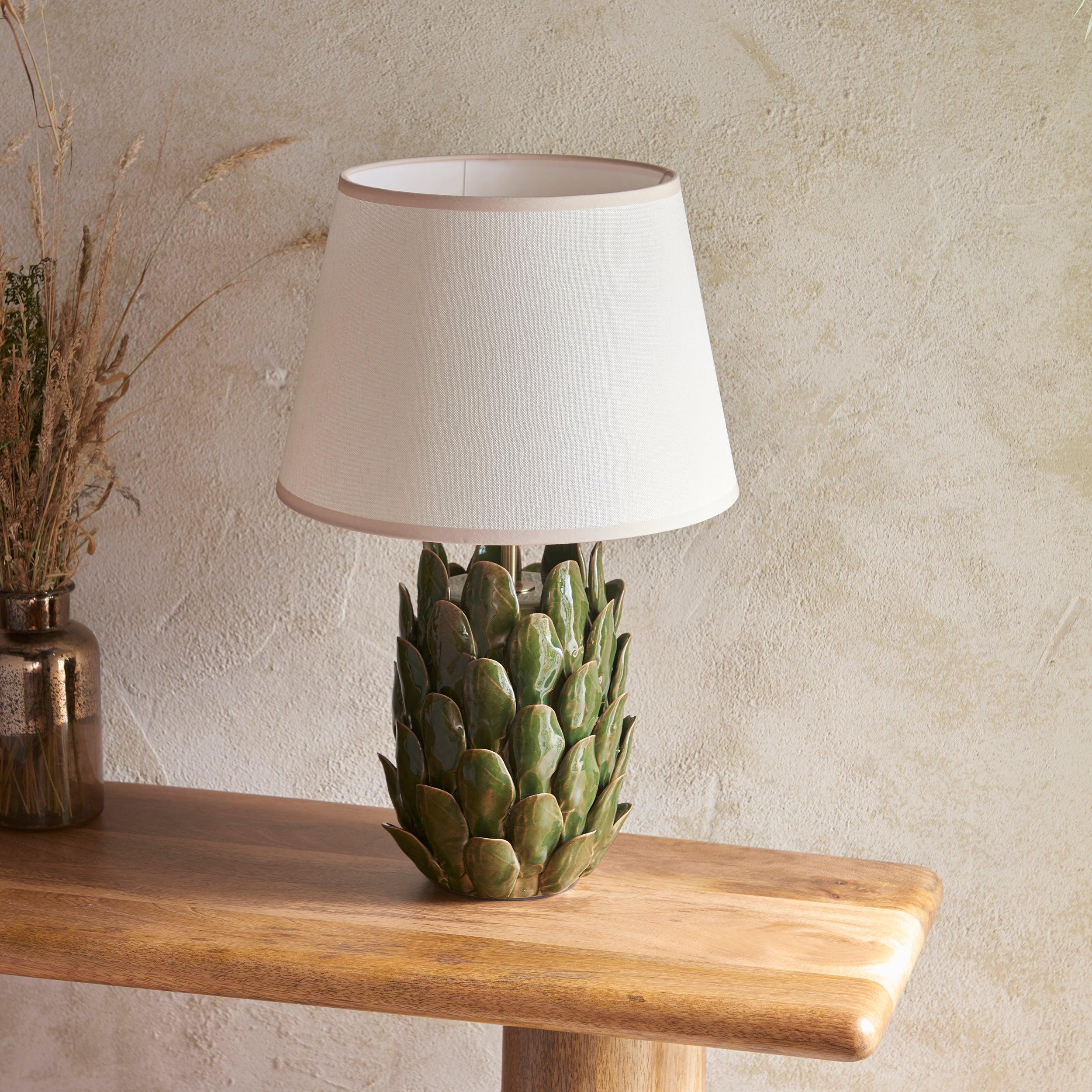 Layered Leaf Green Ceramic Table Lamp & Ivy 35cm Vintage White Shade