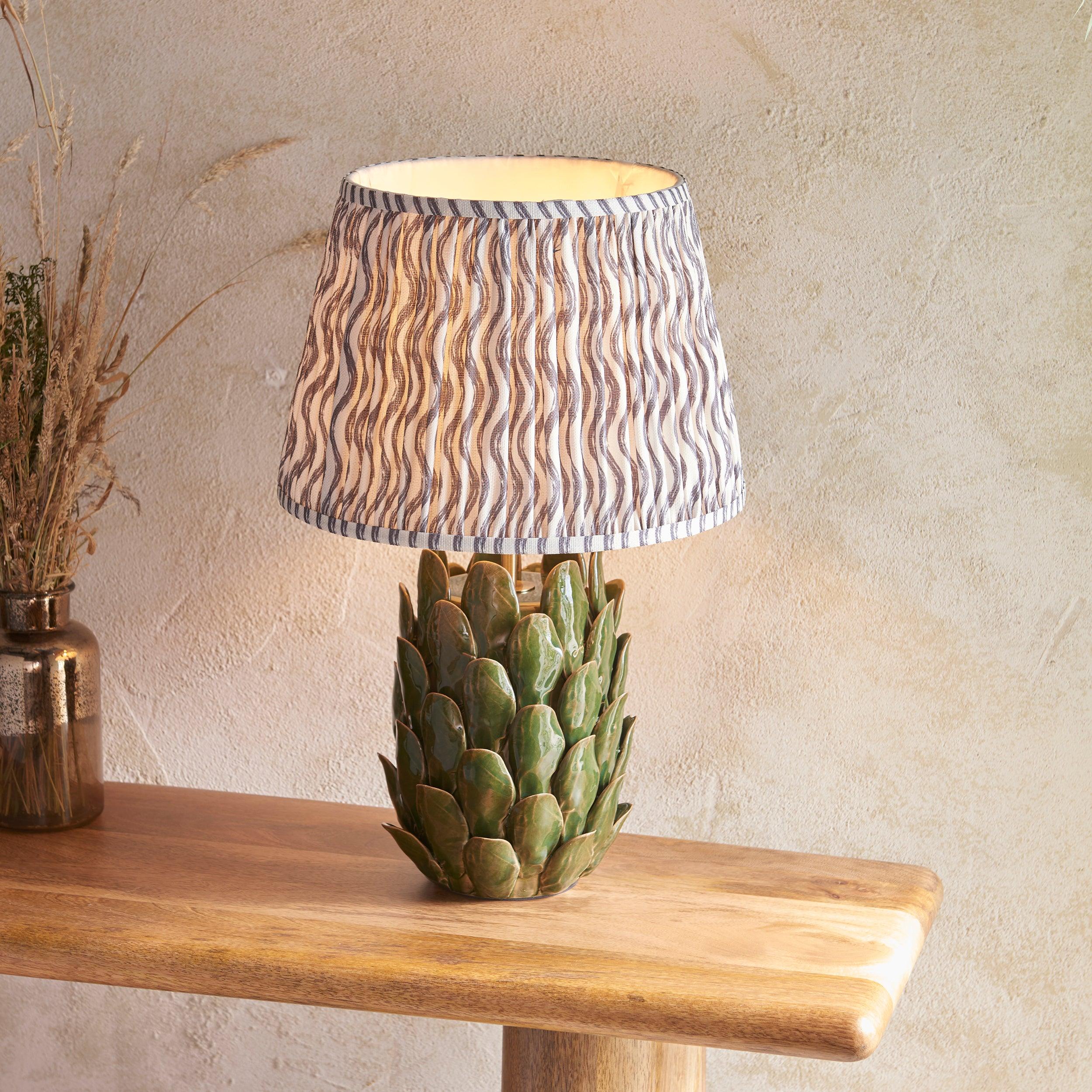Layered Leaf Green Ceramic Table Lamp & Ripple 35cm Pearl Grey Shade