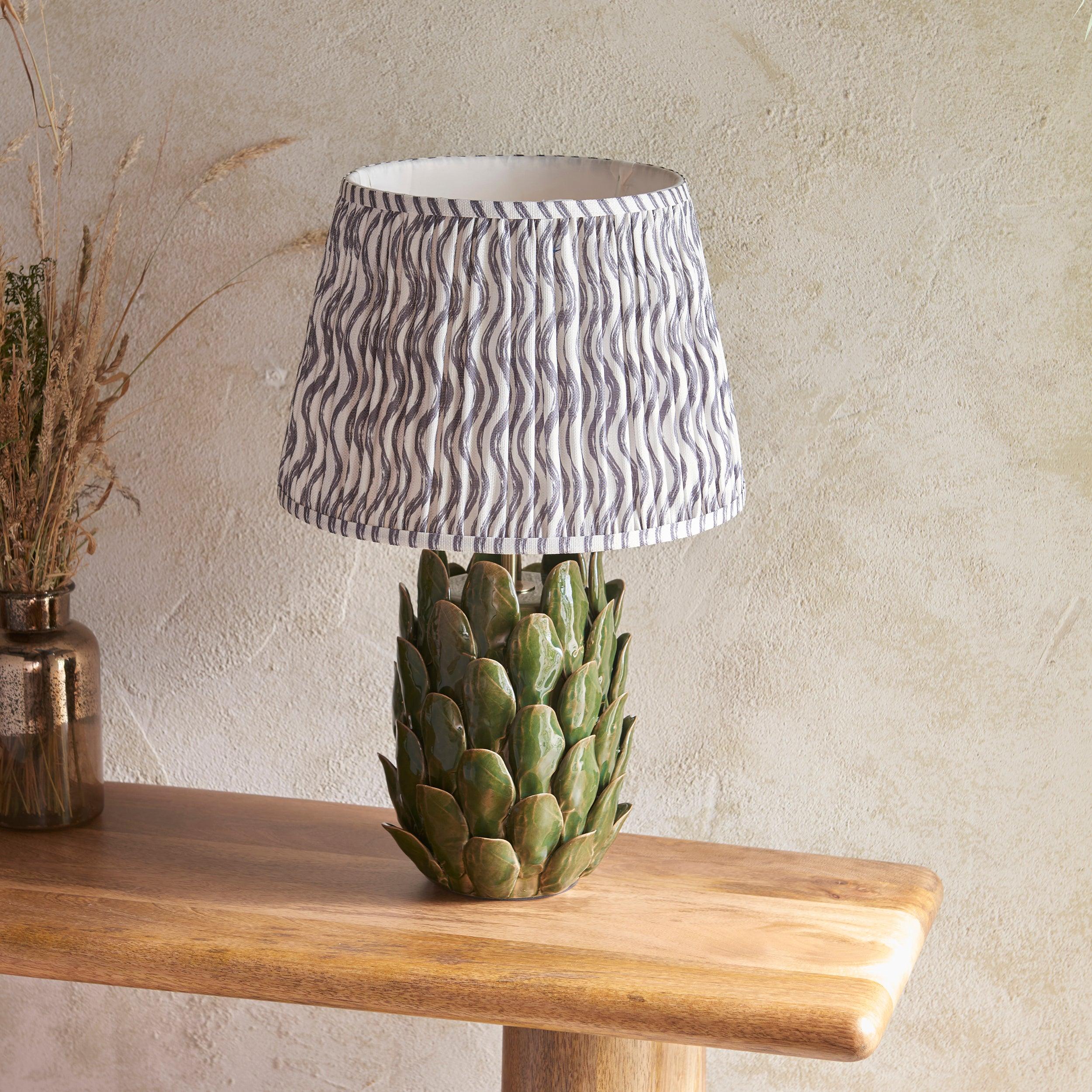 Layered Leaf Green Ceramic Table Lamp & Ripple 35cm Pearl Grey Shade