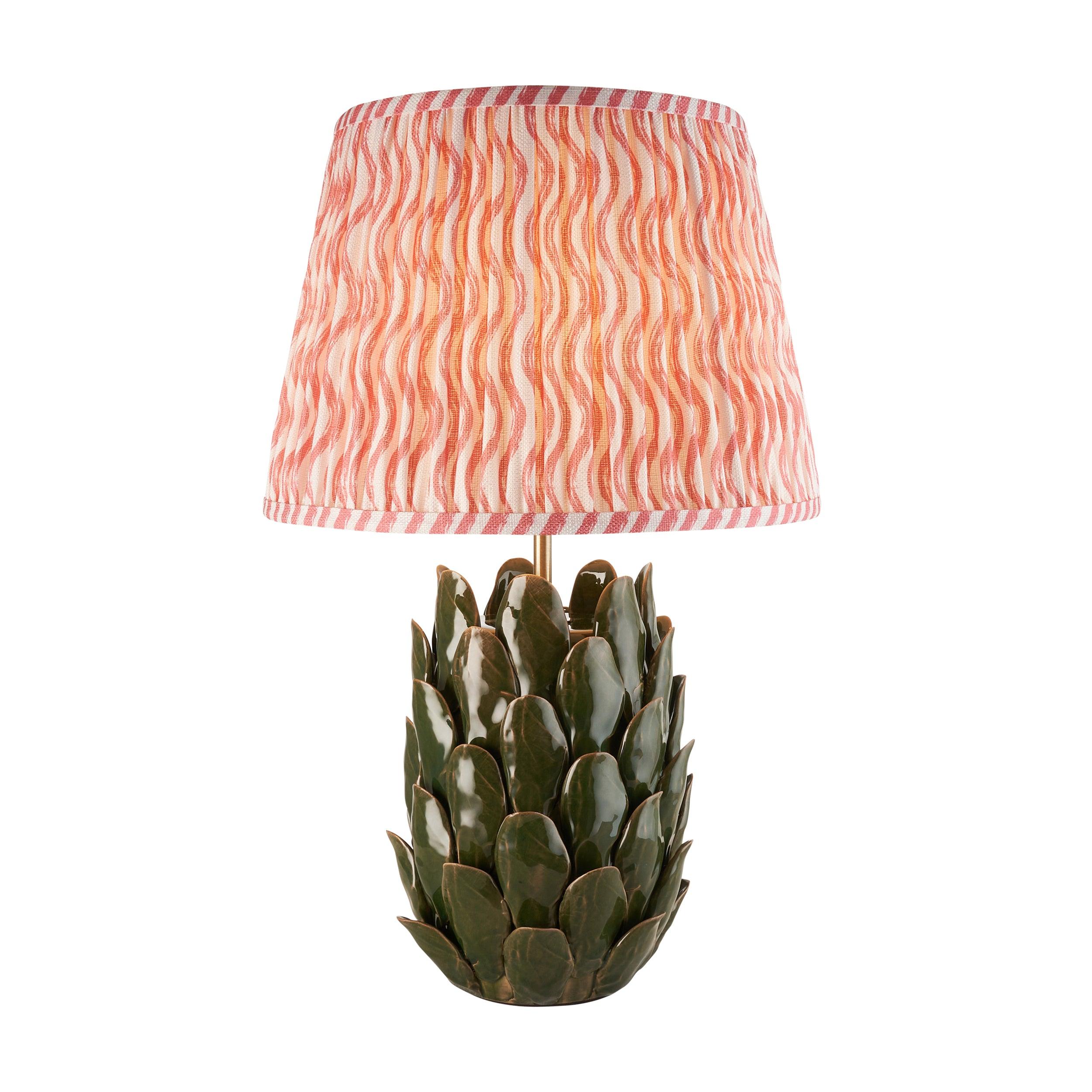 Layered Leaf Green Ceramic Table Lamp & Ripple 35cm Coral Pink Shade
