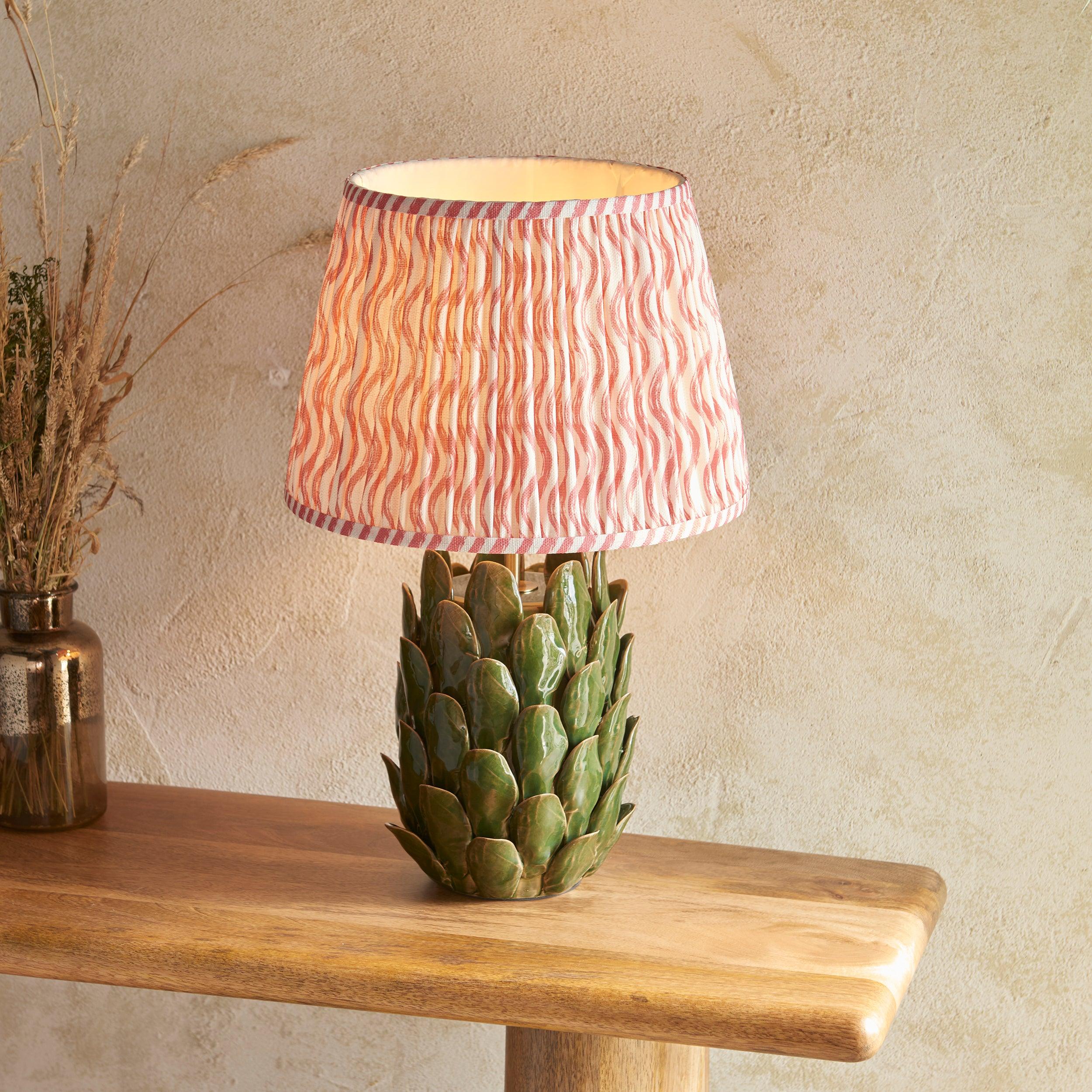 Layered Leaf Green Ceramic Table Lamp & Ripple 35cm Coral Pink Shade