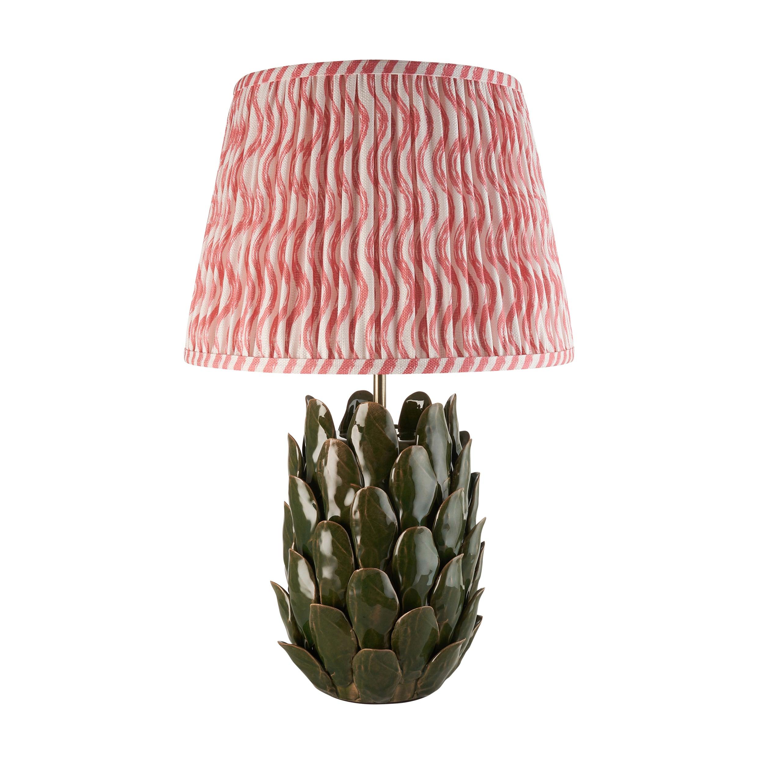 Layered Leaf Green Ceramic Table Lamp & Ripple 35cm Coral Pink Shade