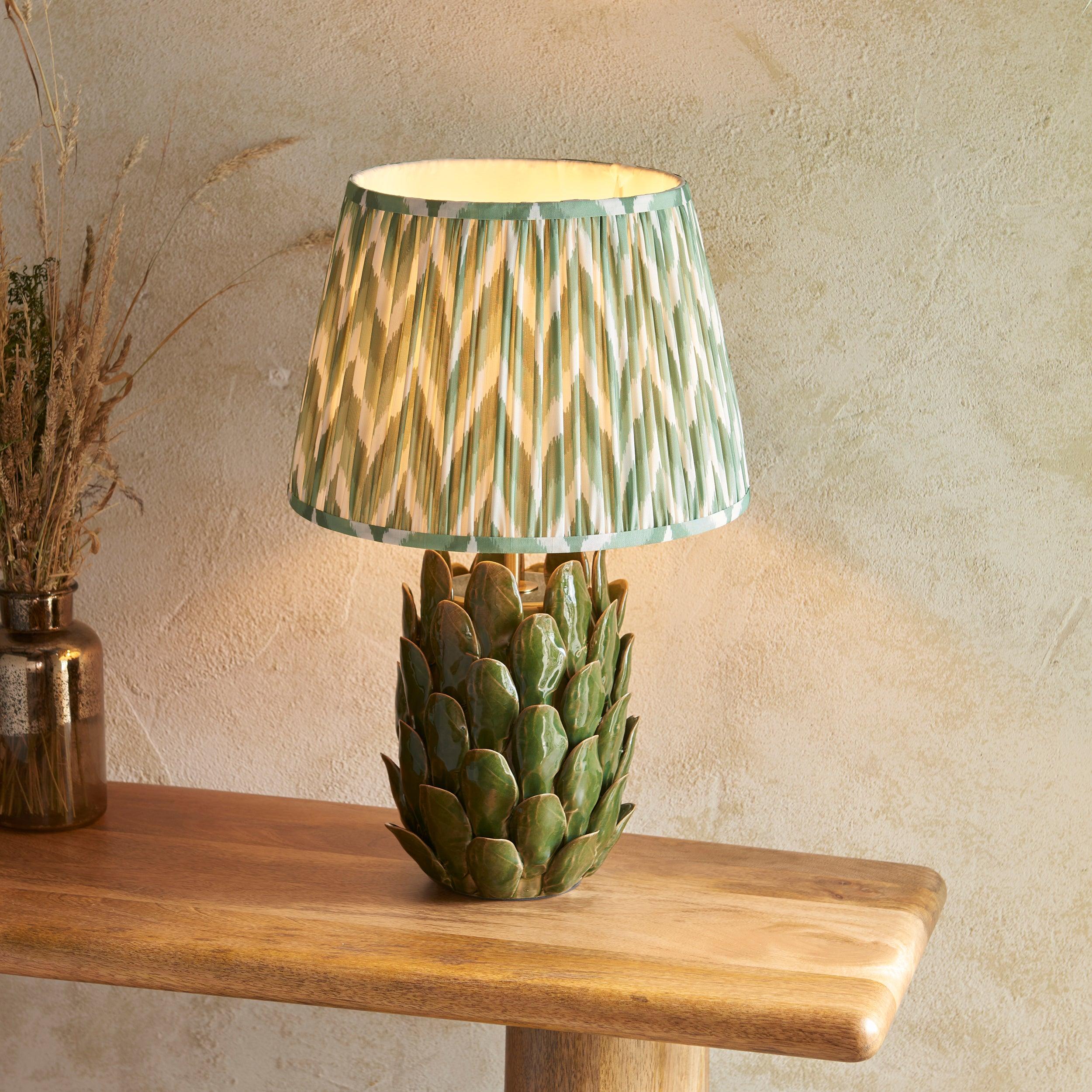 Layered Leaf Green Ceramic Table Lamp & Zigzag 35cm Cotswold Green Shade