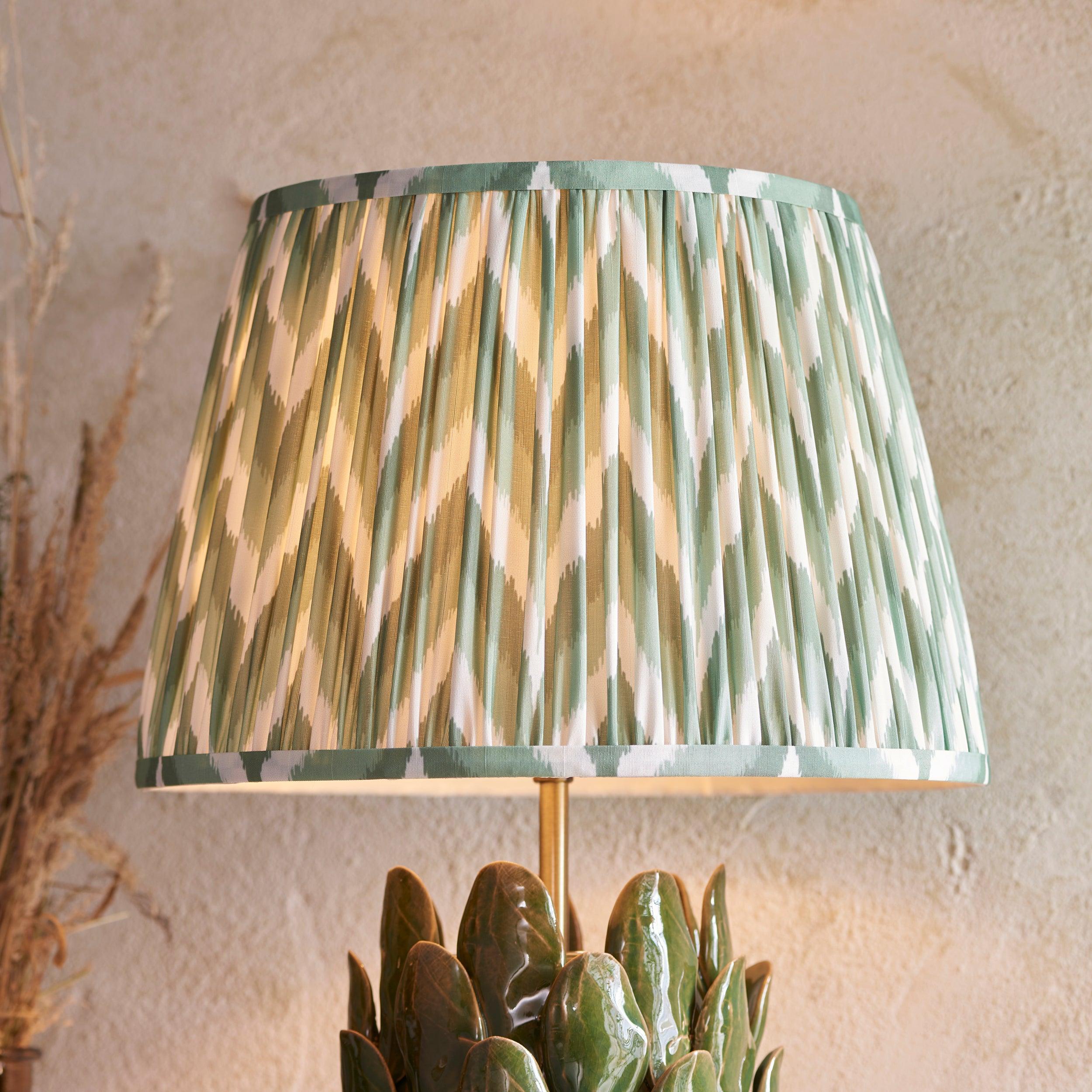 Layered Leaf Green Ceramic Table Lamp & Zigzag 35cm Cotswold Green Shade