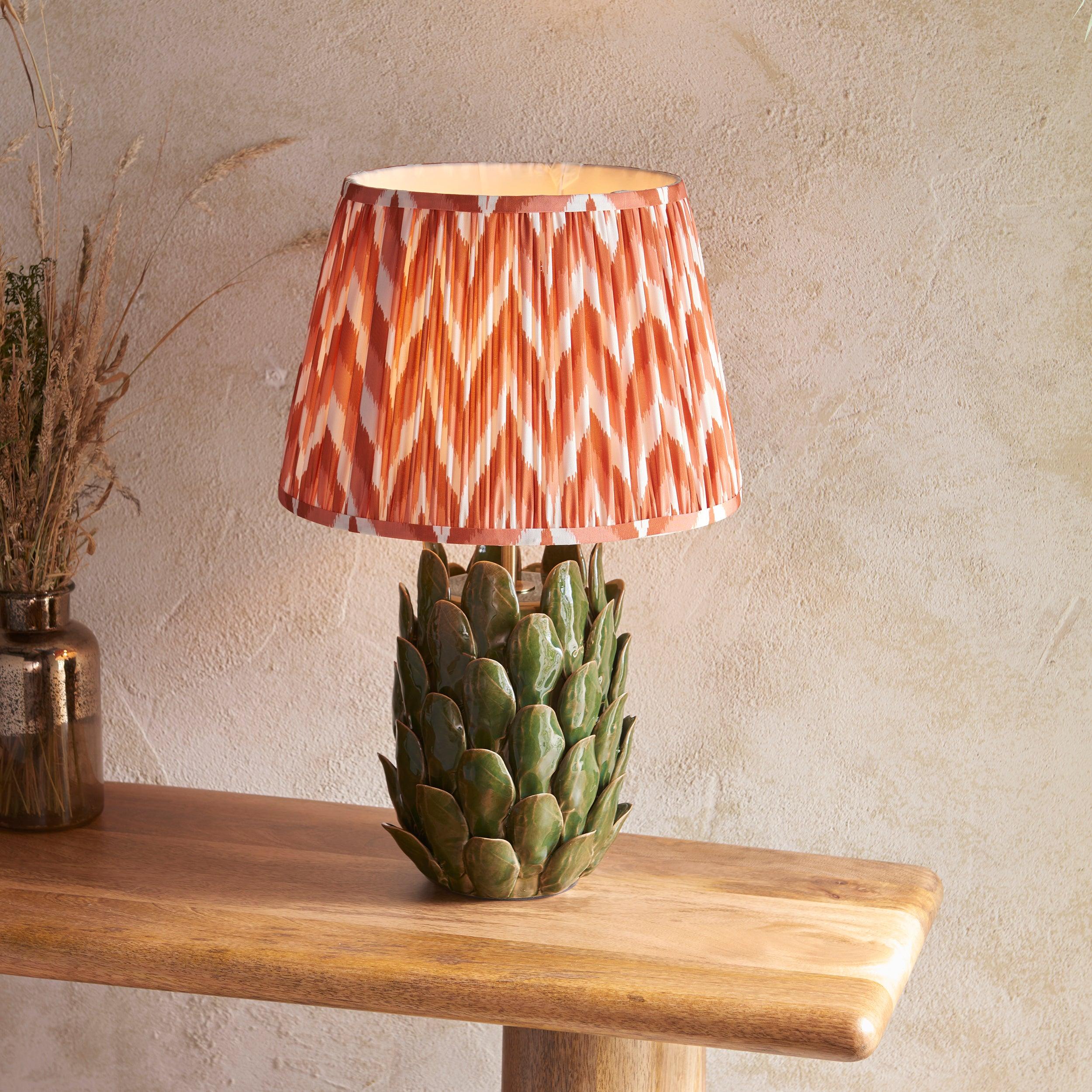 Layered Leaf Green Ceramic Table Lamp & Zigzag 35cm Apricot Orange Shade