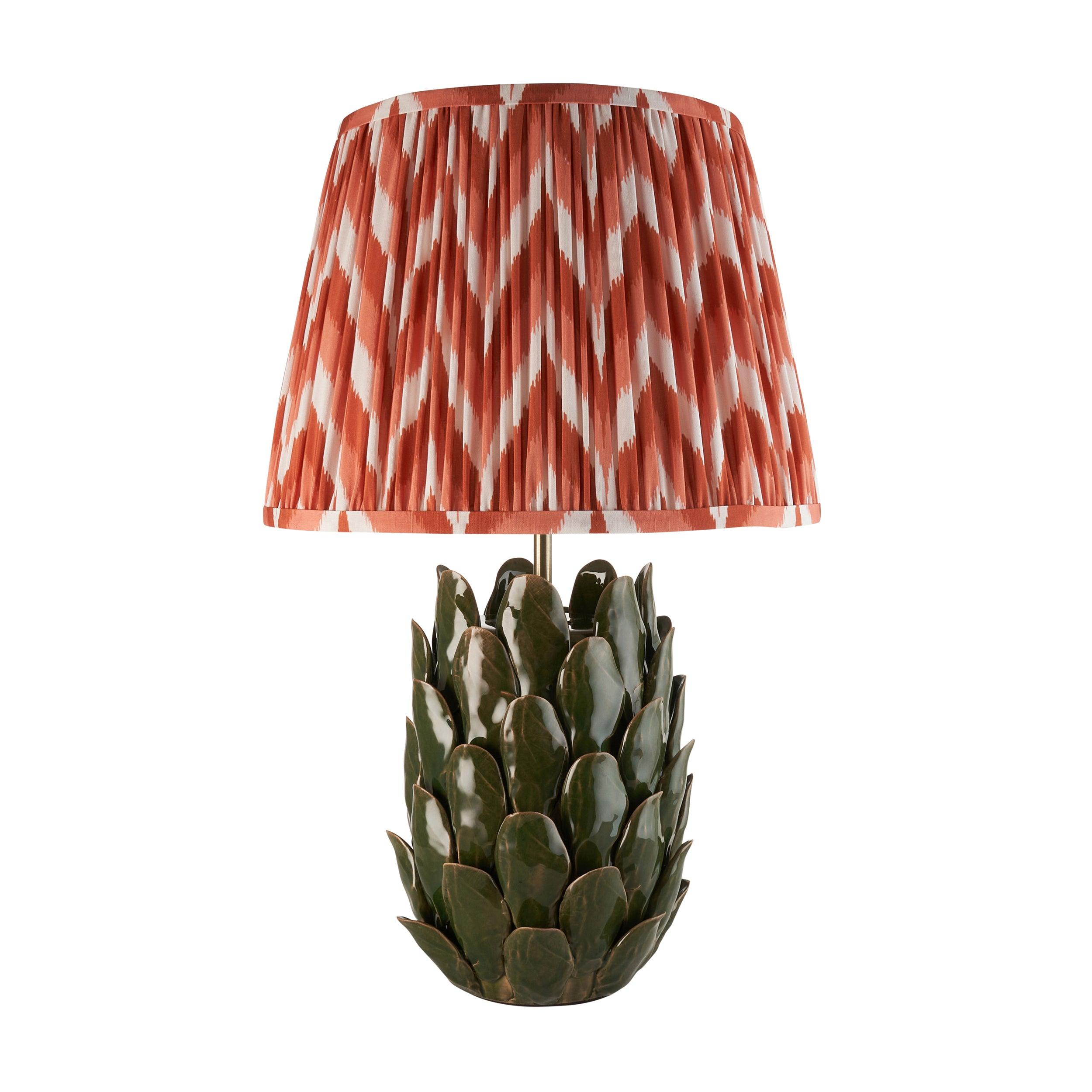 Layered Leaf Green Ceramic Table Lamp & Zigzag 35cm Apricot Orange Shade
