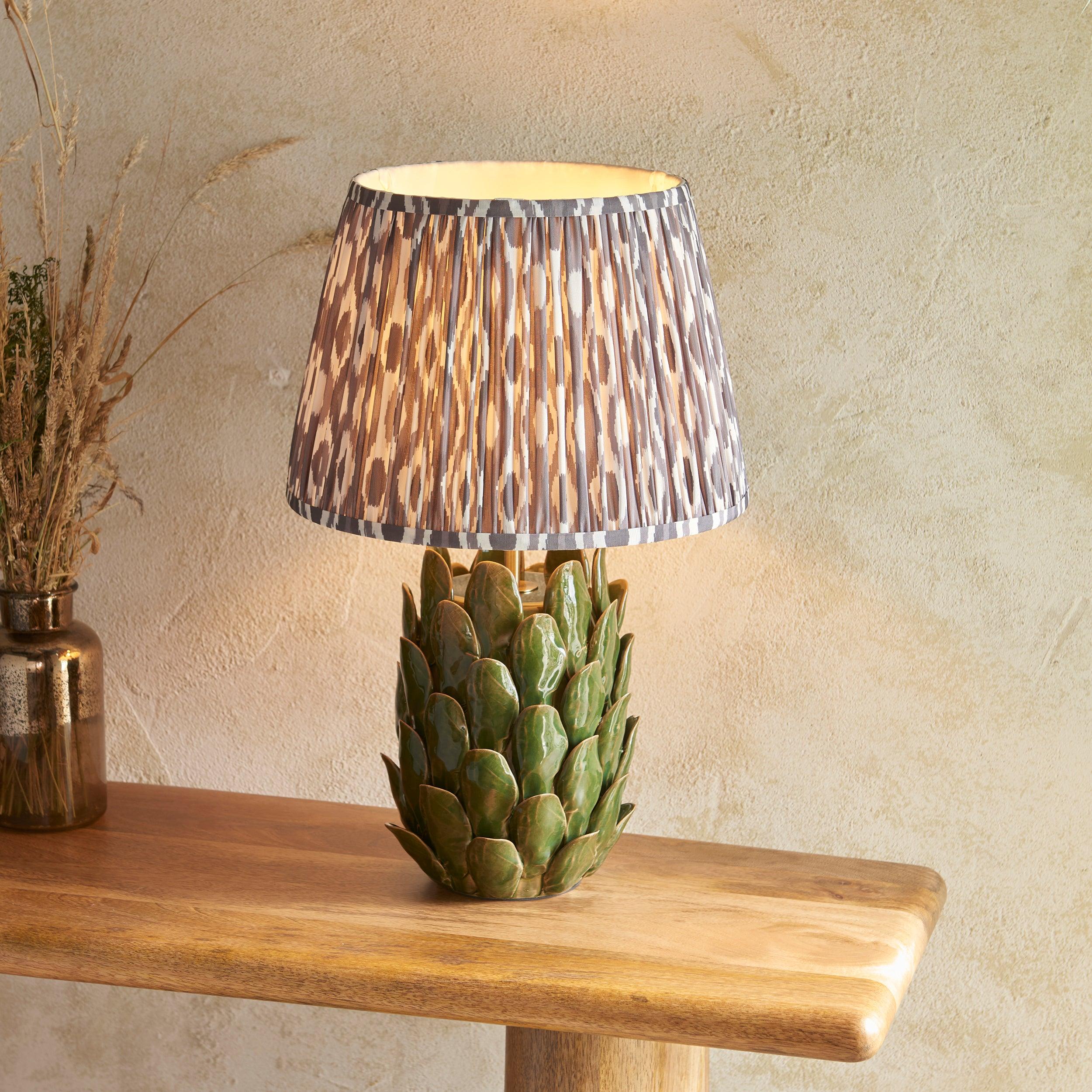 Layered Leaf Green Ceramic Table Lamp & Ikat 35cm Pearl Grey Shade