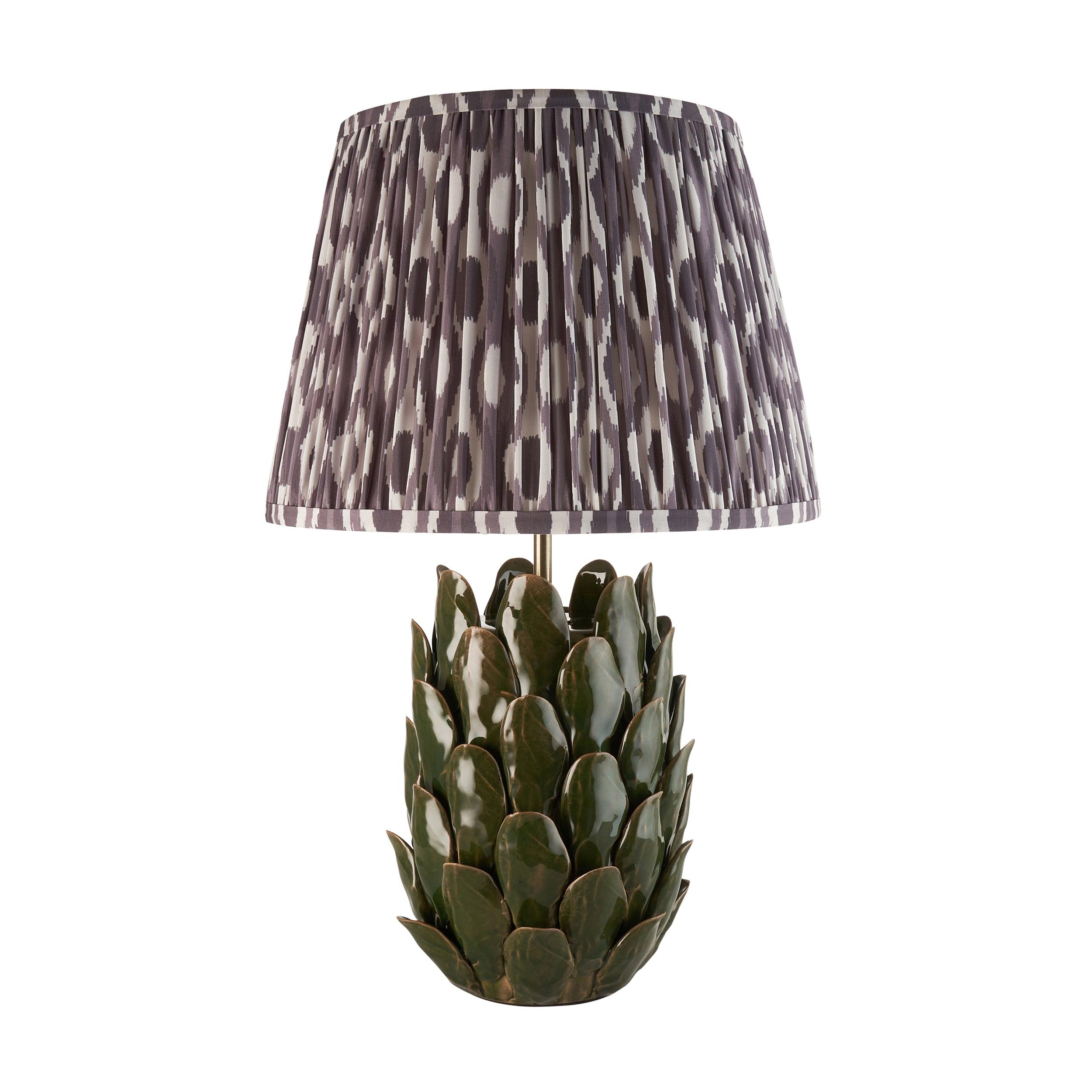 Layered Leaf Green Ceramic Table Lamp & Ikat 35cm Pearl Grey Shade