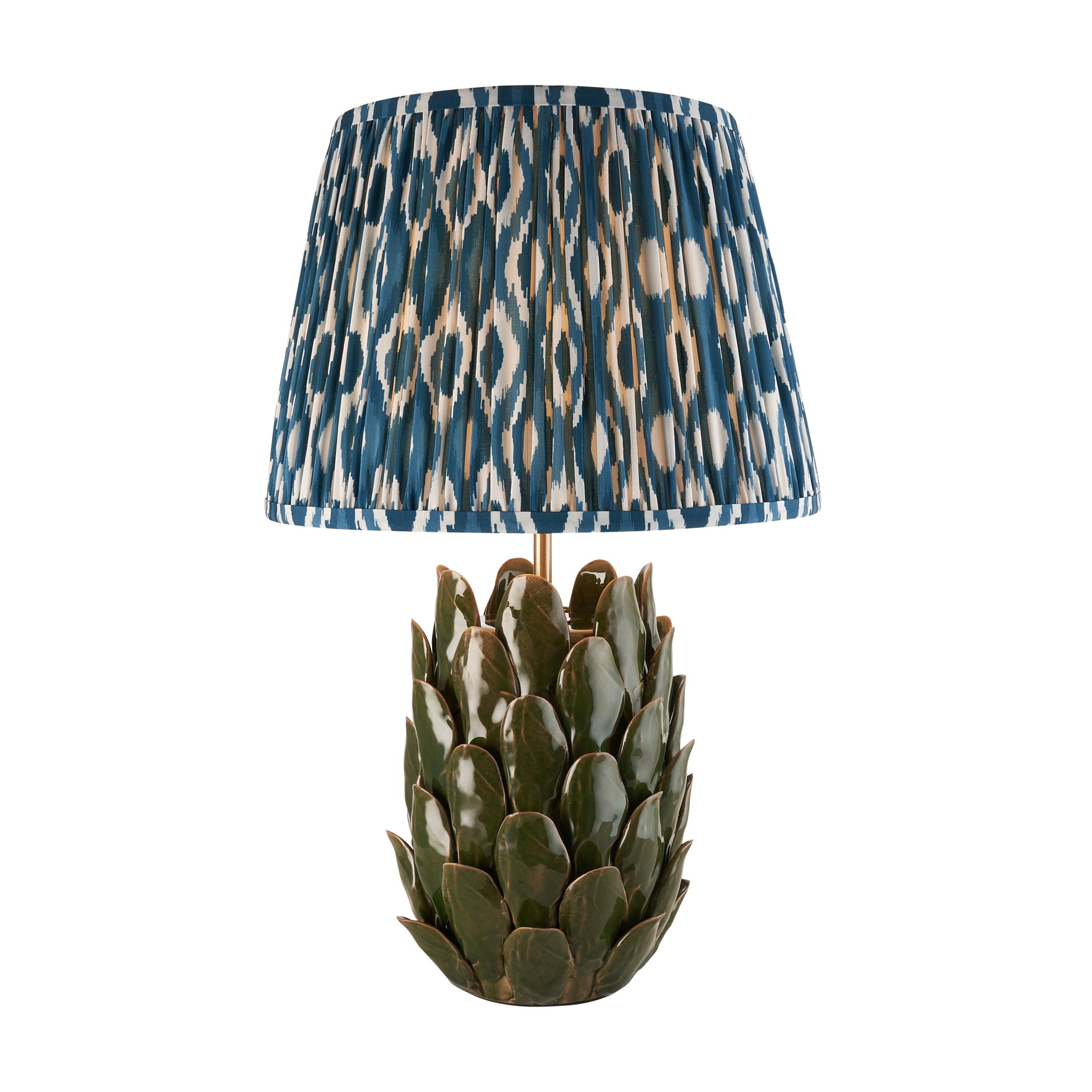 Layered Leaf Green Ceramic Table Lamp & Ikat 35cm Marlin Blue Shade