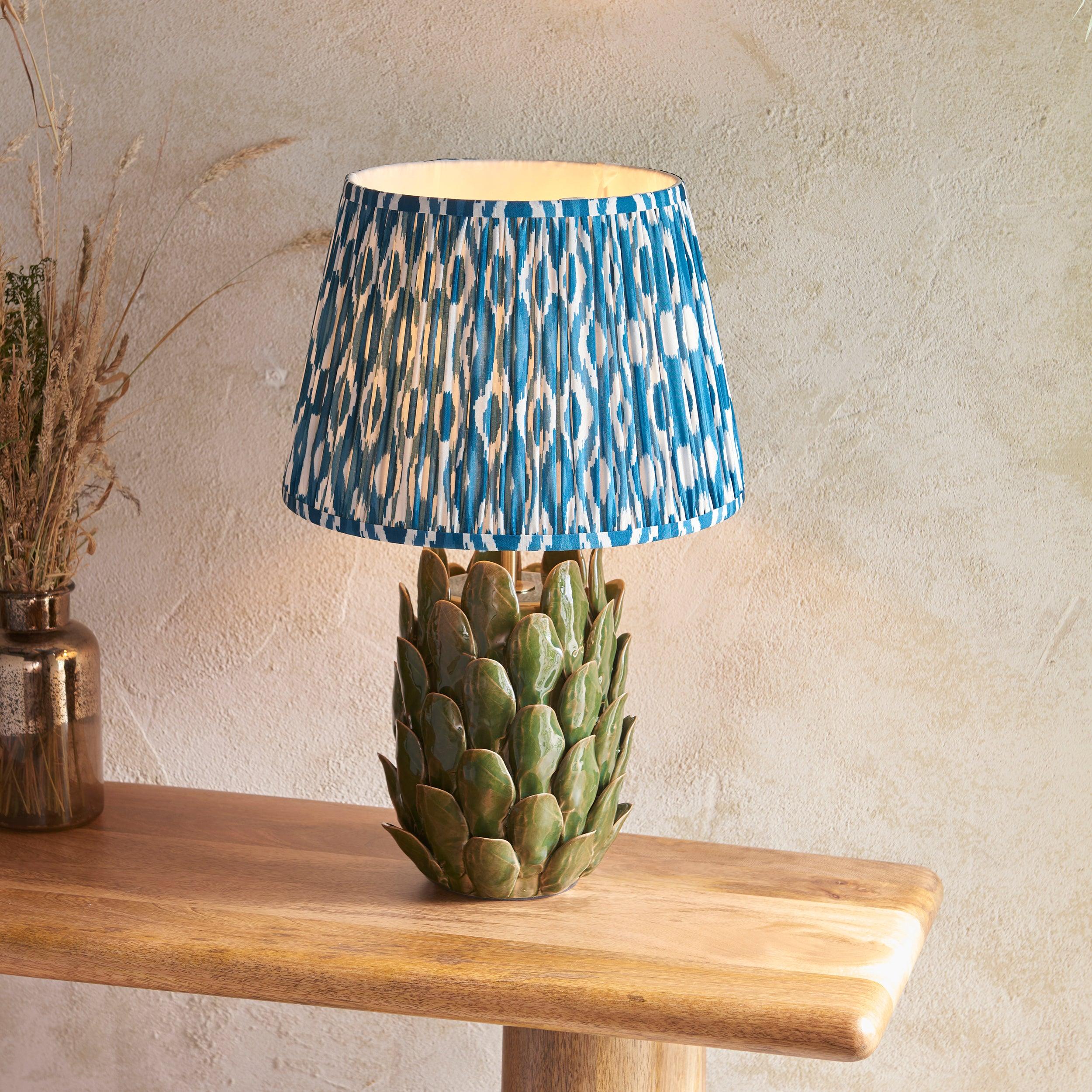 Layered Leaf Green Ceramic Table Lamp & Ikat 35cm Marlin Blue Shade