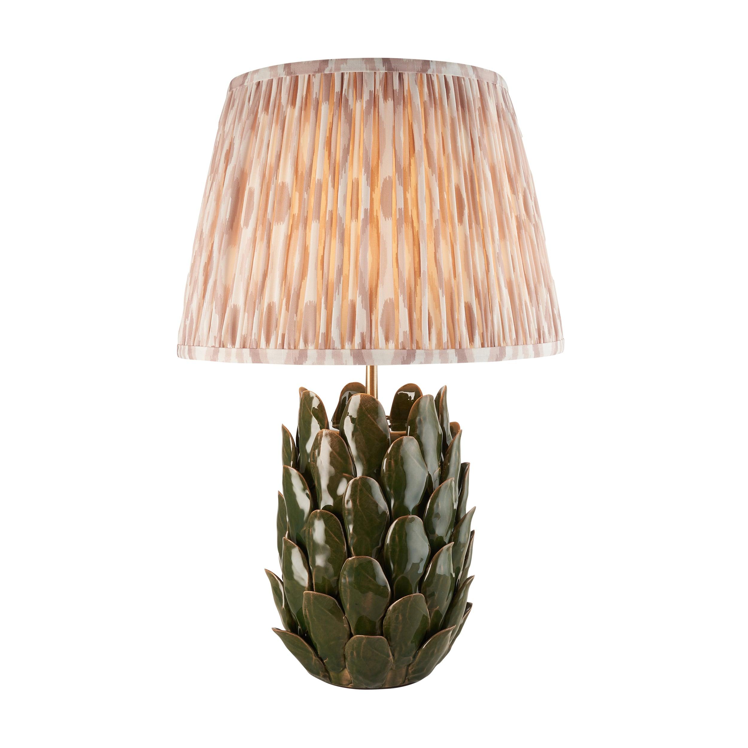 Layered Leaf Green Ceramic Table Lamp & Ikat 35cm Neutral Shade