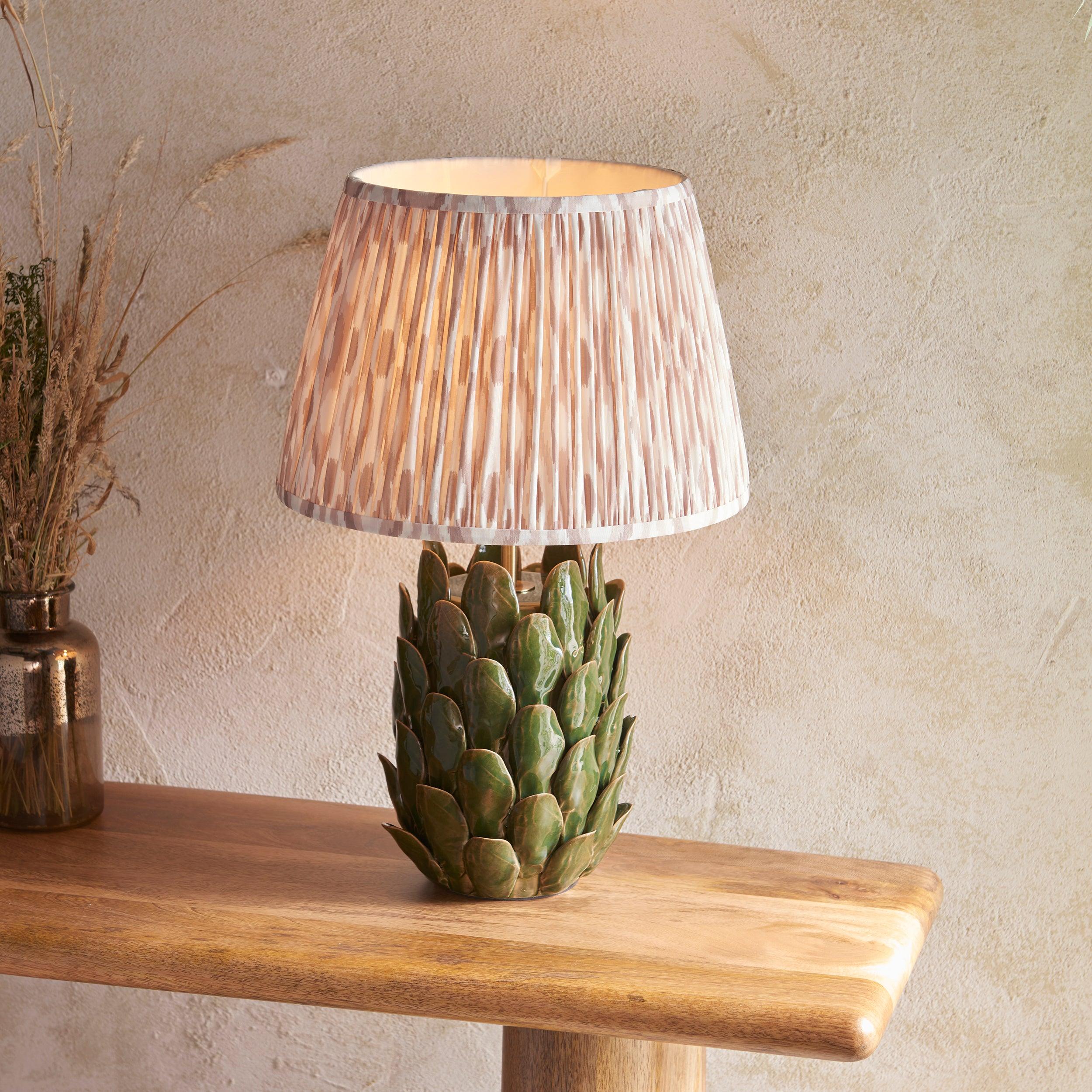 Layered Leaf Green Ceramic Table Lamp & Ikat 35cm Neutral Shade