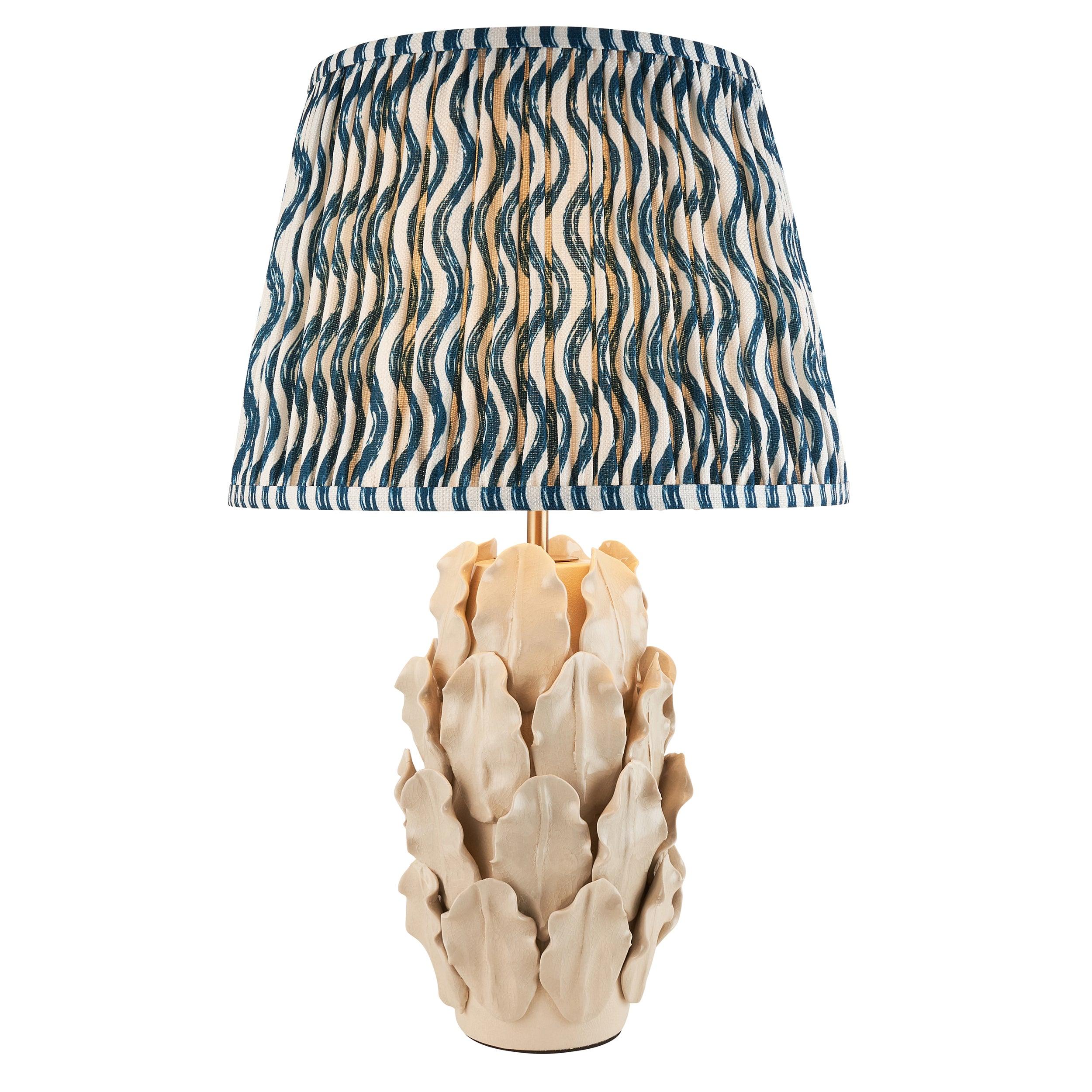 Layered Leaf Ivory Ceramic Table Lamp & Ripple 35cm Marlin Blue Shade