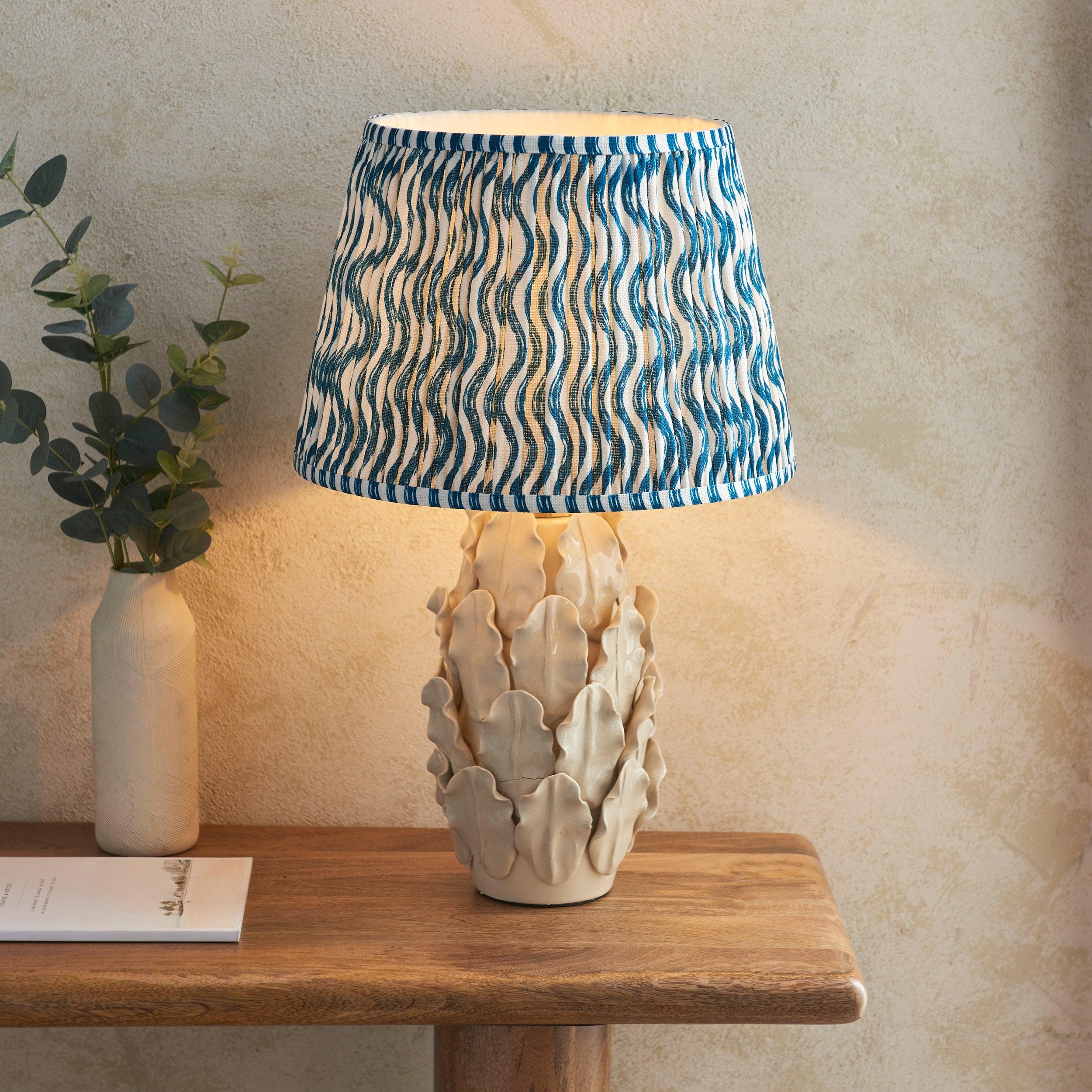 Layered Leaf Ivory Ceramic Table Lamp & Ripple 35cm Marlin Blue Shade