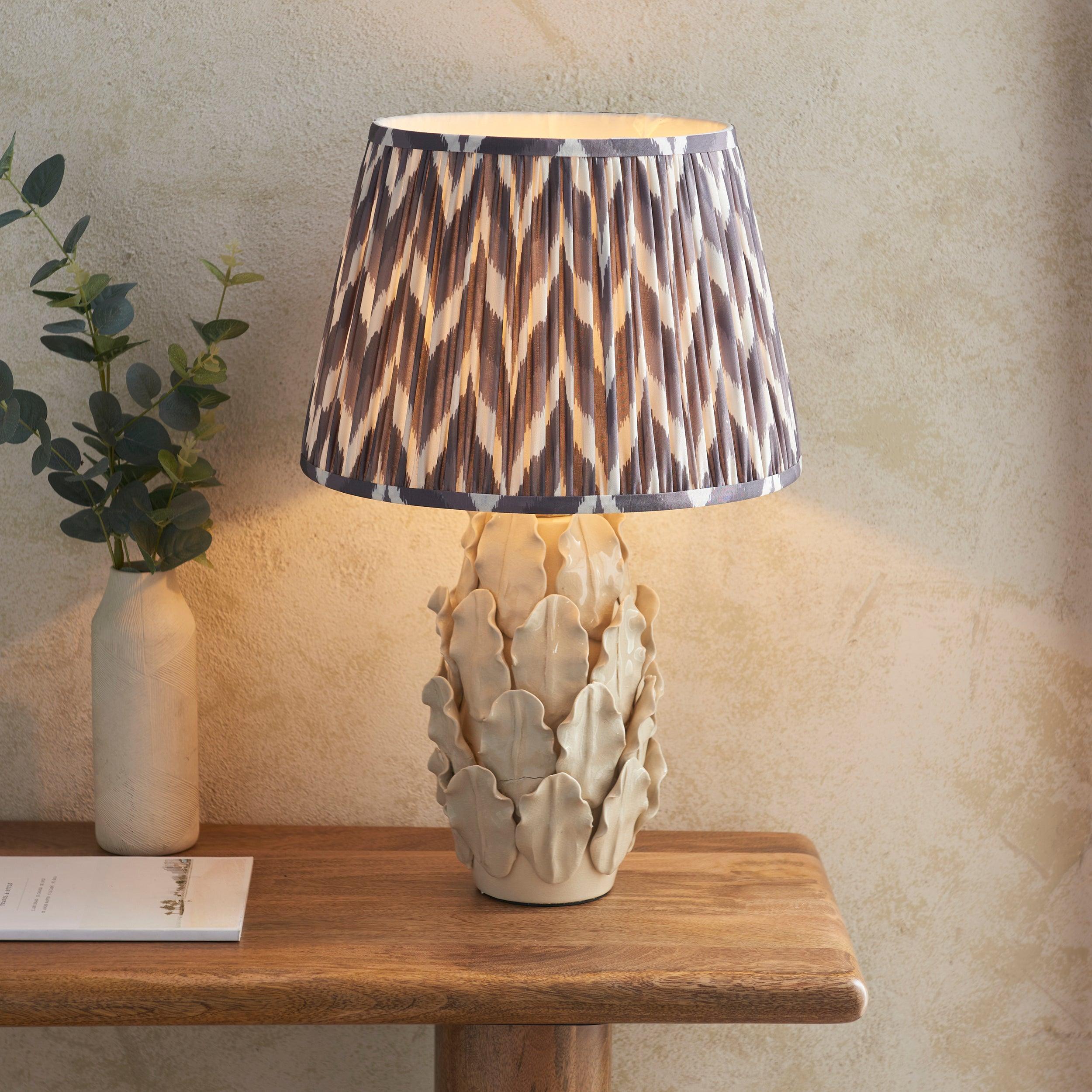 Layered Leaf Ivory Ceramic Table Lamp & Zigzag 35cm Pearl Grey Shade