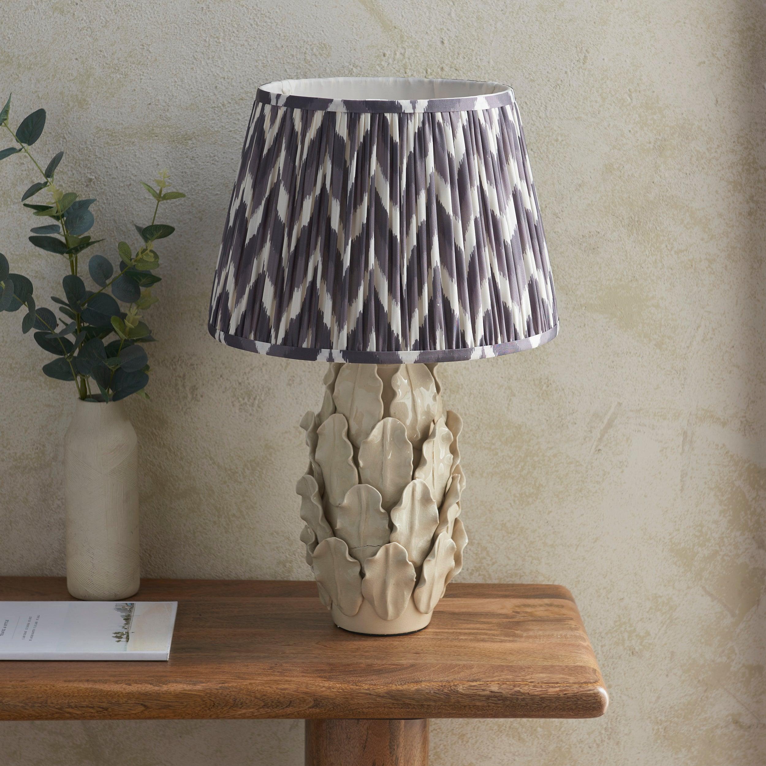 Layered Leaf Ivory Ceramic Table Lamp & Zigzag 35cm Pearl Grey Shade