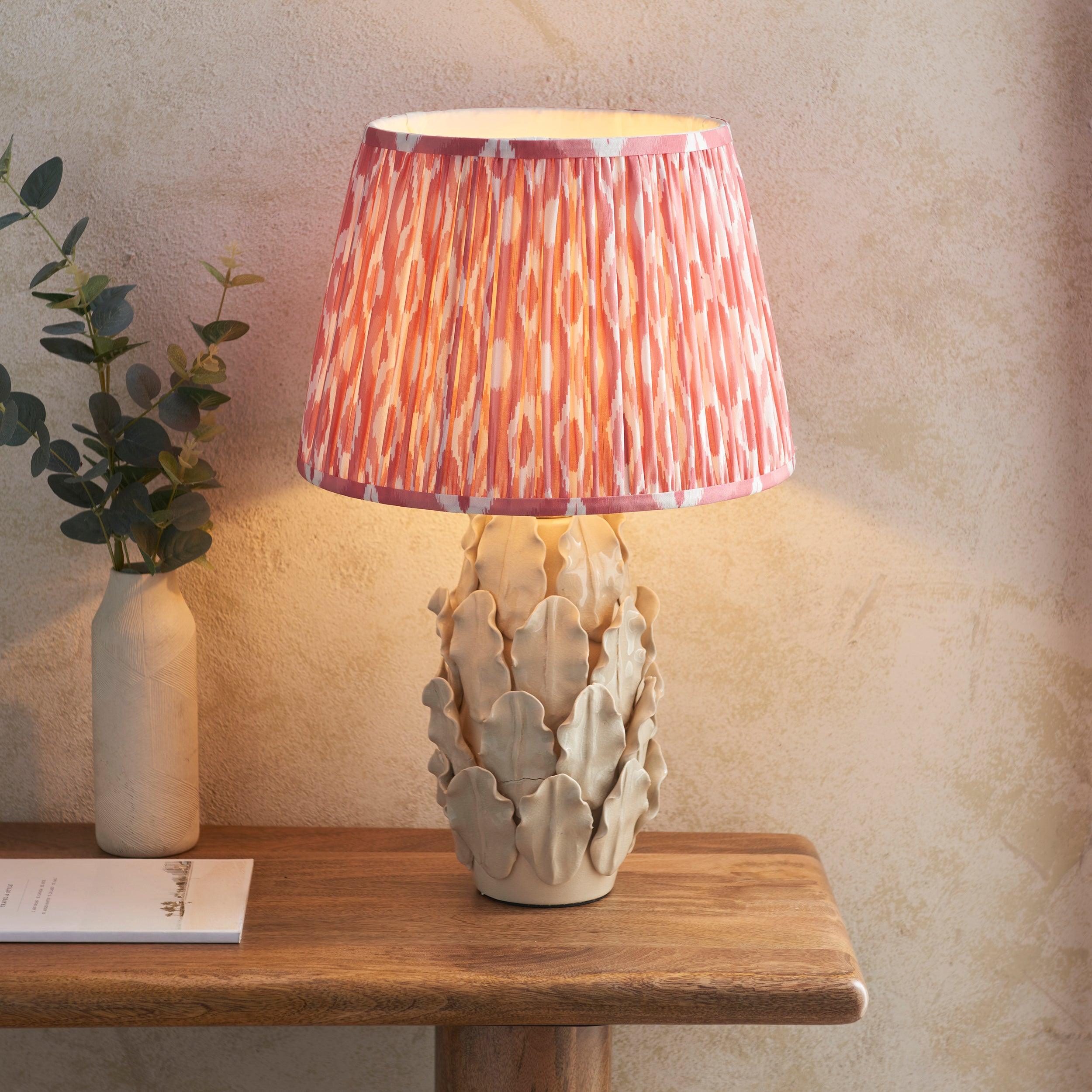 Layered Leaf Ivory Ceramic Table Lamp & Ikat 35cm Coral Pink Shade