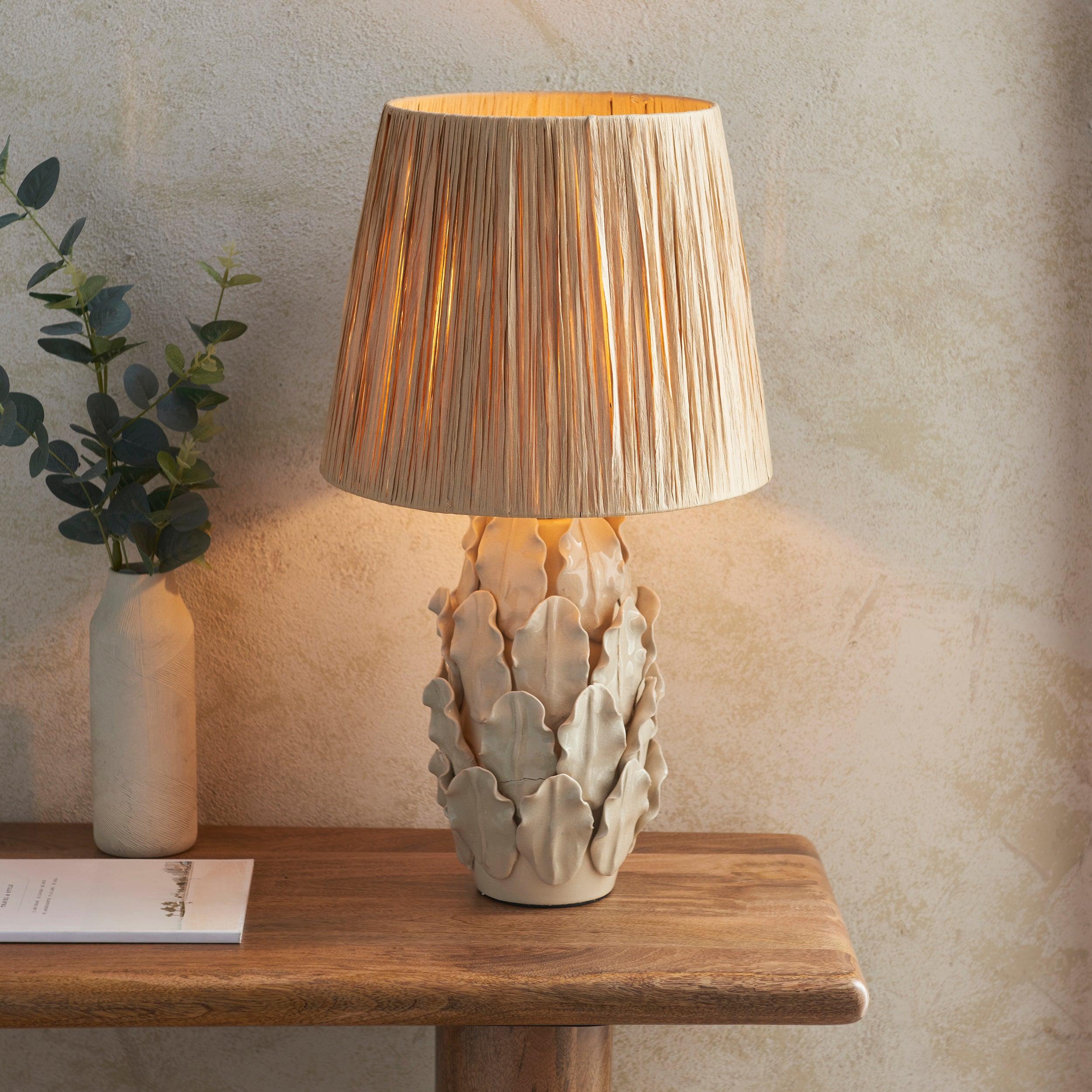 Layered Leaf Ivory Ceramic Table Lamp & Raffia 32cm Natural Raffia Shade
