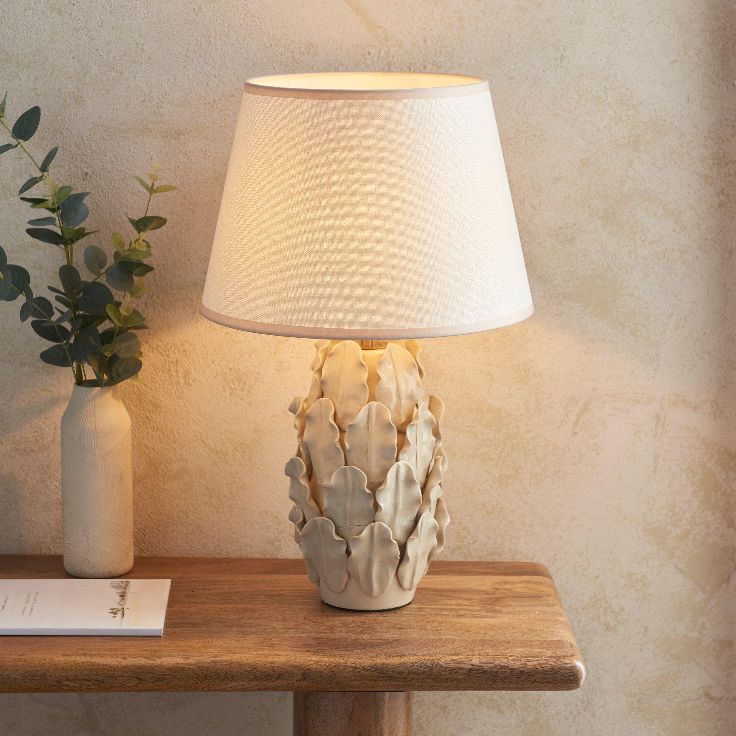 Layered Leaf Ivory Ceramic Table Lamp & Ivy 35cm Vintage White Shade