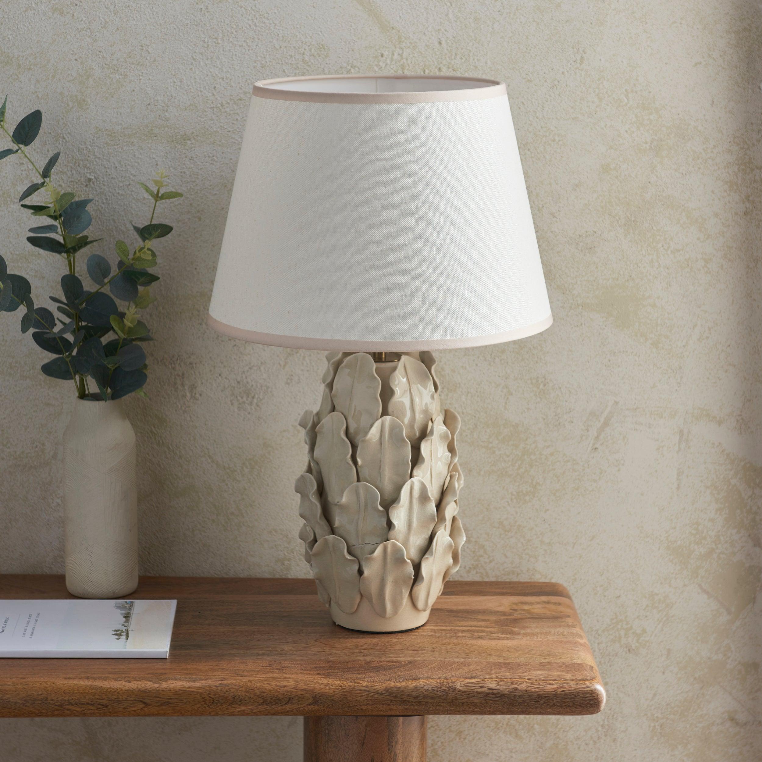 Layered Leaf Ivory Ceramic Table Lamp & Ivy 35cm Vintage White Shade